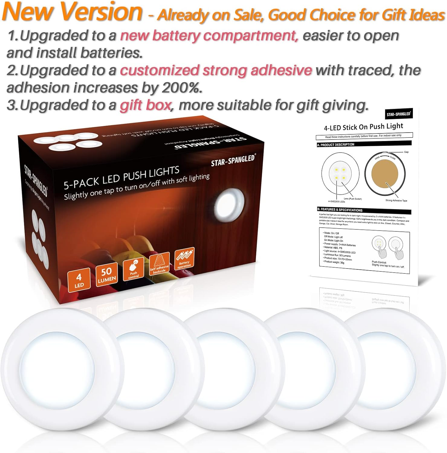 STAR-SPANGLED Push Tap Light, Mini Night Touch LED Puck Lamp, Portable under Cabinet Lighting AAA Battery Operated Powered, DIY Stick on Lights for Closet, Counter, Kitchen (7Cm, Cool White, 5 Pack) image number 4