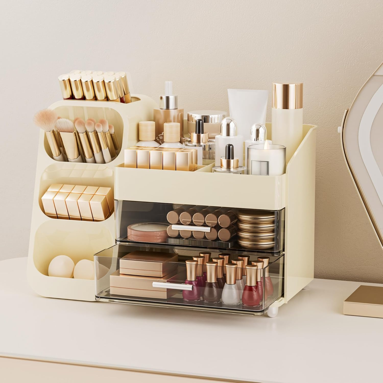 Multi-Tier Vanity Makeup Organizer with Drawers - Built-In Brush Holder for Bathroom, Spacious Cosmetic Storage Case Bathroom Skincare & Beauty Organizer for Essentials (Beige) image number 3