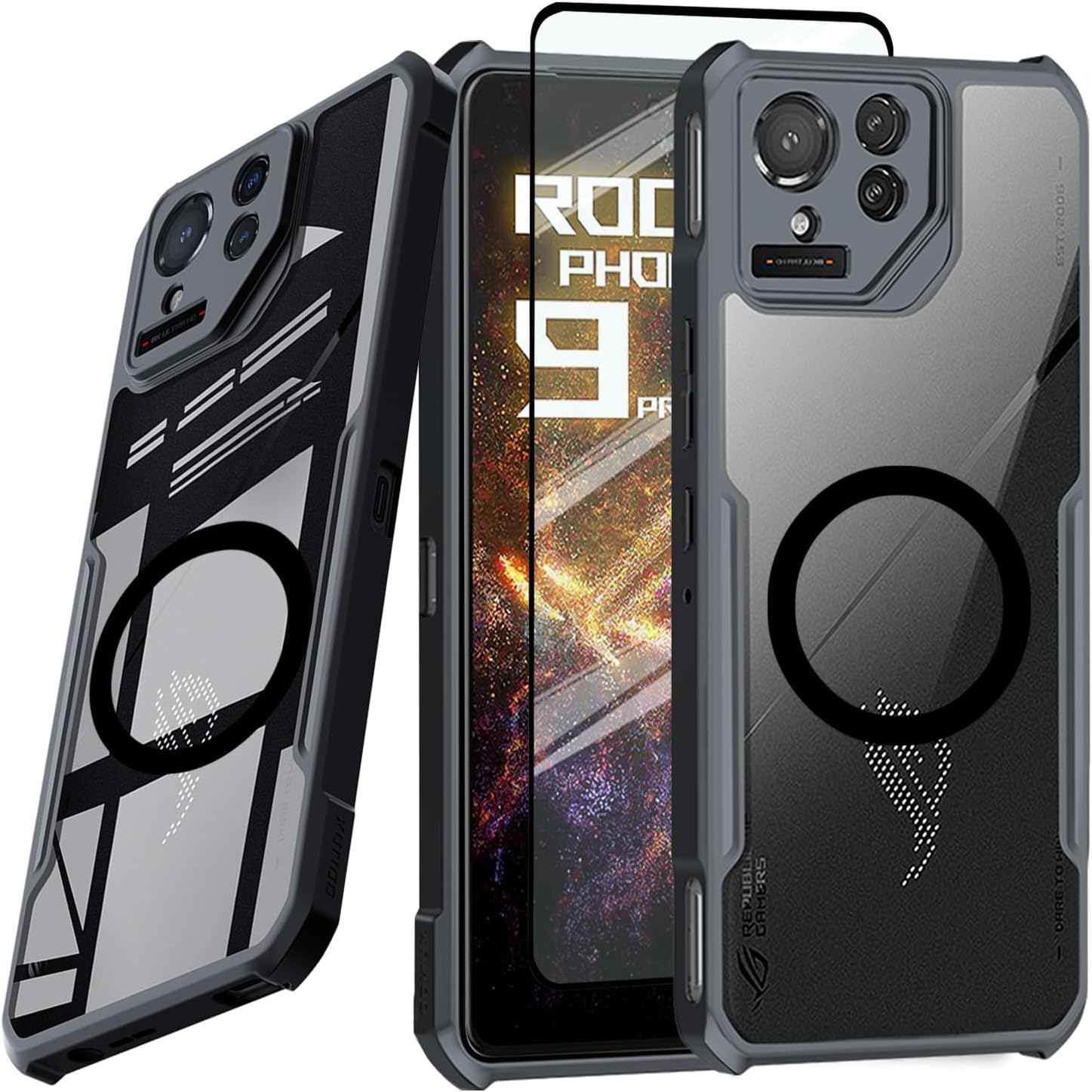 Guizzcg for ASUS ROG Phone 9 Pro Case with Ring Stand Holder Soft TPU Bumper + Acrylic Back Military Grade Airbags Shookproof Drop Protection[1 Tempered Film],Stand Black
