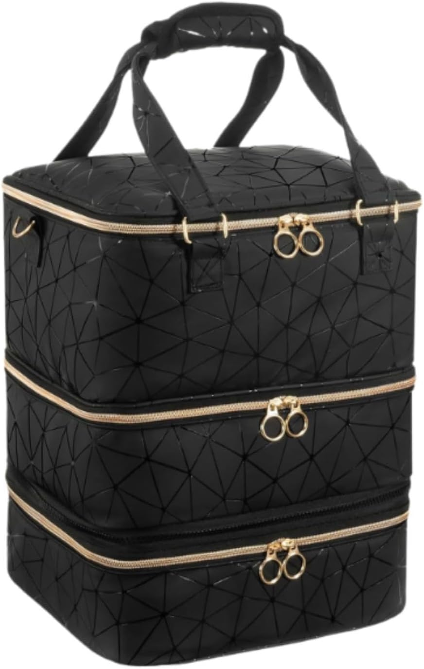 Perfk Nail Polish Organizer Detachable PU Leather Travel Nail Supplies Bag Three Layers Holds 84 Bottles for Nail Polish Nail Lamp