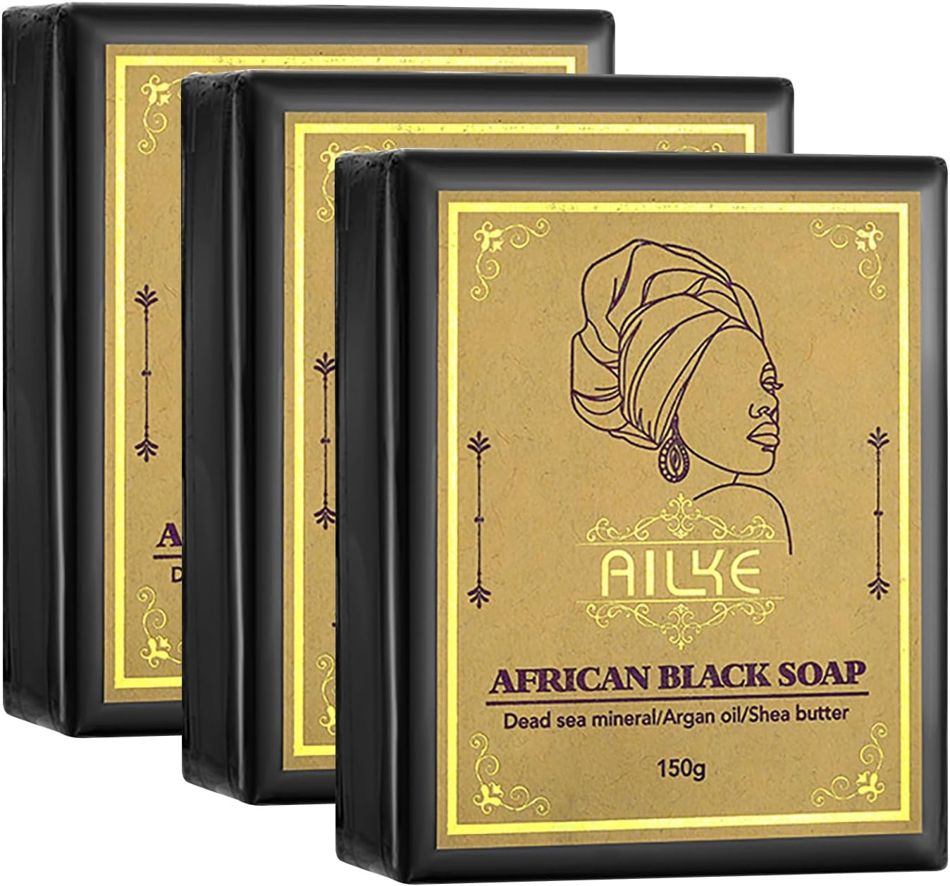 AILKE African Black Soap, Whitening, Intensely Clean Skin, Remove Pimples, Acne, Blackheads, Non-Drying, with Charcoal, Shea Butter, Argan Oil, for Men, Women, 150G (Pack of 3)