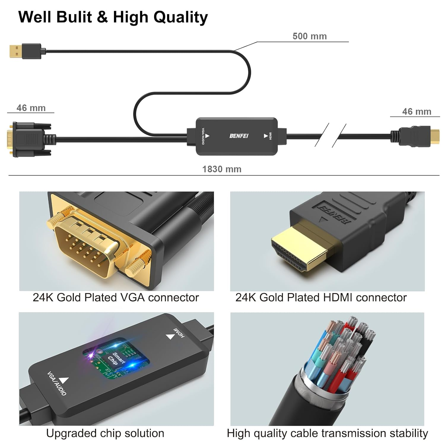 BENFEI VGA to HDMI Cable with Audio, 6 Feet 1080P Cable from VGA Computer/Laptop to HDMI Monitor/Tv(Not Bidirectional) image number 3