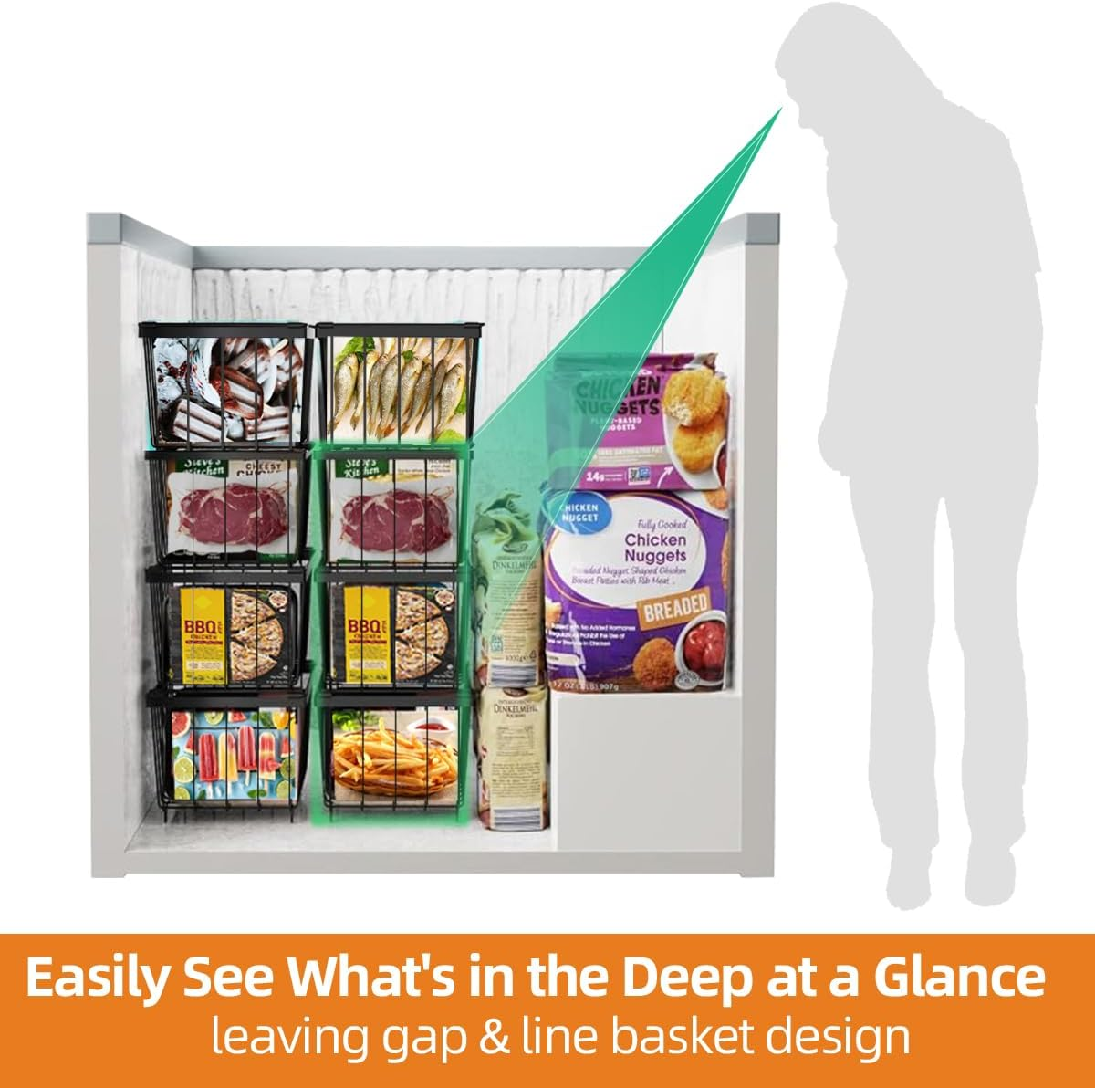 Kitment 5-Pack Stackable Chest Freezer Organiser, Fridge Organiser Basket, Deep Freezer Bins, Pantry Organiser, with Handles, for Chest & Upright Freezers, for Frozen Meat, Vegetables & More image number 4