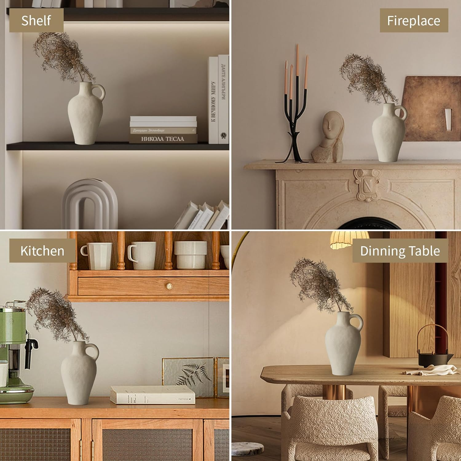 Ceramic Rustic Vase Farmhouse Decor: Beige Pitcher with Handle - Vintage Flower Terracotta Stoneware Jug - Matte Pottery Home Decor for Shelf, Mantel, Centerpiece, Table Decorations - 2 Handles 8.6" image number 7