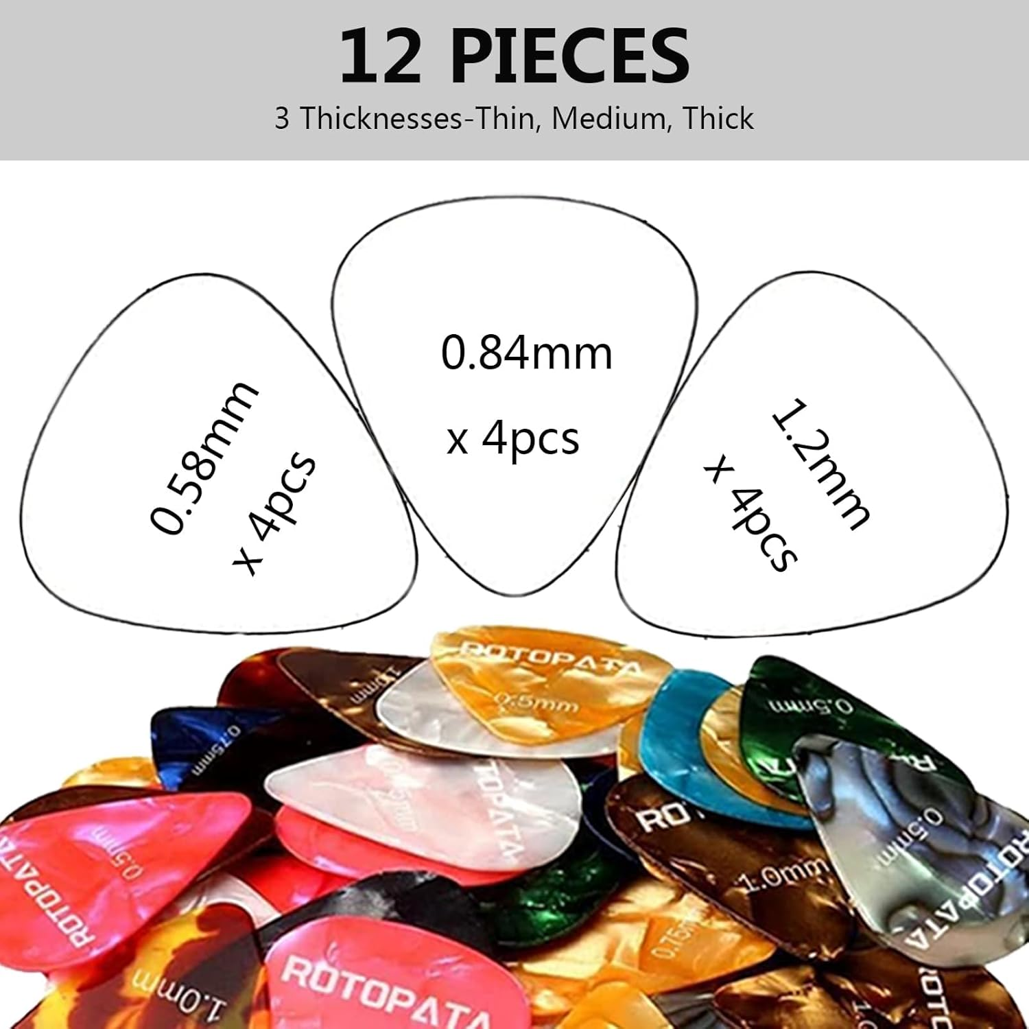 Guitar Picks Plectrums with Picks Holder and Storage Box 0.58 0.84 1.2 Mm Includes Thin Medium Heavy Thickness, Variety Colorful Celluloid Plectrums for Bass Electric Acoustic Guitars Ukulele (12) image number 6