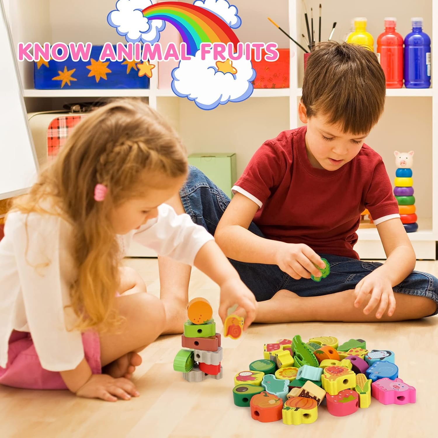 Montessori Toys for Toddlers 2-4 Year Old, Learning & Educational Toys Wooden Fruits & Animals Lacing Travel Sensory Toys for Girls Boys 1 2 3 Year Old Gifts Fine Motor Skills Kids Birthday Present image number 6