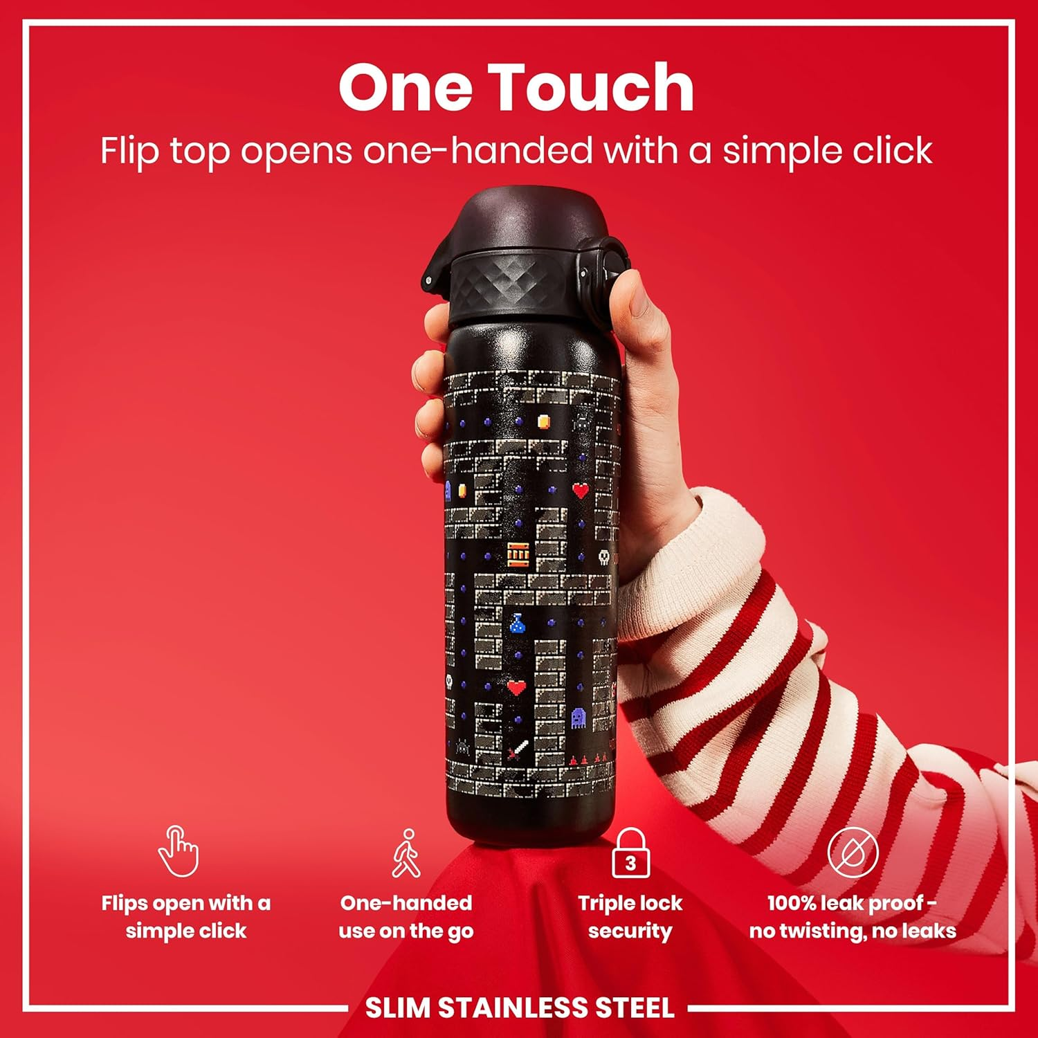 Ion8 Steel Water Bottle, 600Ml, Leak Proof, One-Finger Open, Dishwasher Safe, Flip Cover, Fits Cup Holders, Spill-Free On-The-Go, Carry Handle, Durable, Raised 3D Print, Black, Gaming Design image number 6