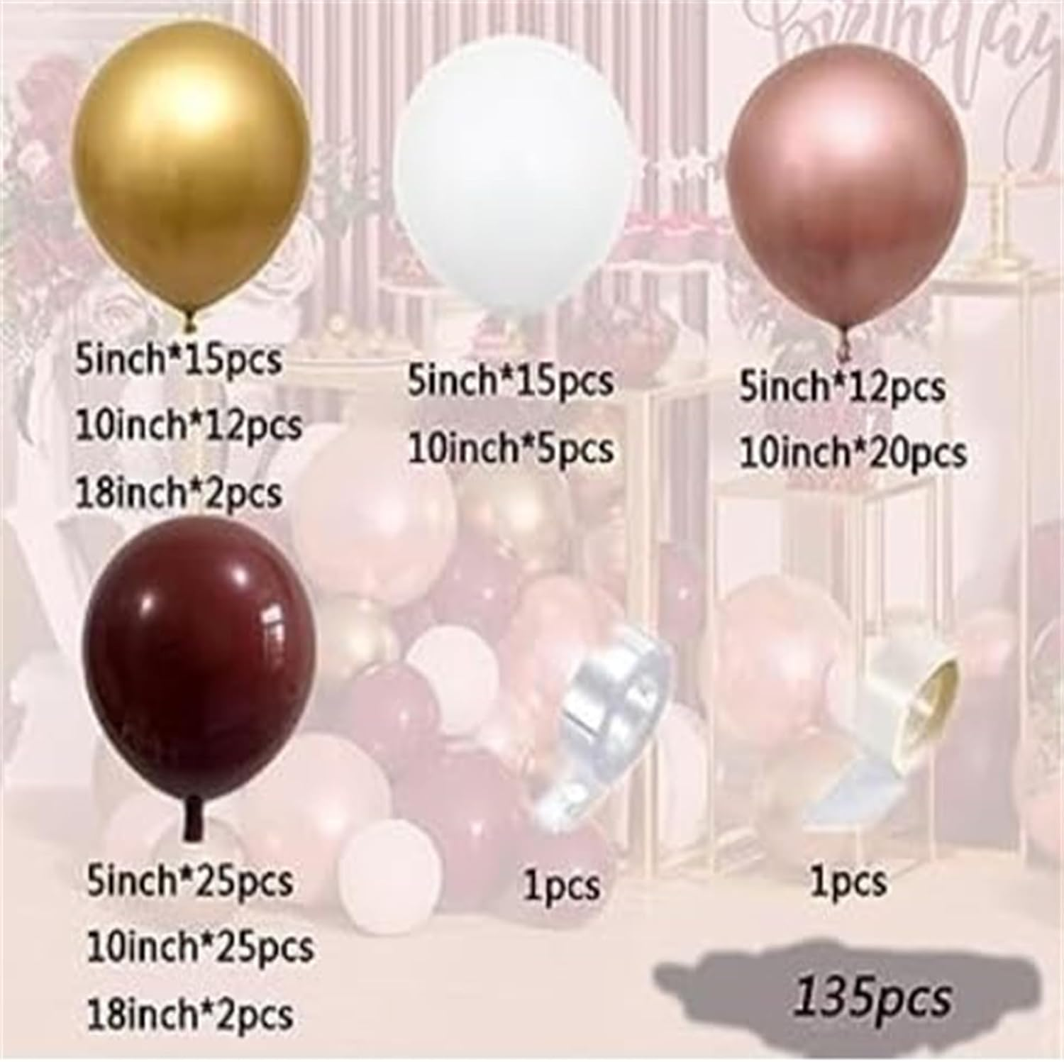 PEKGLOW 135 Pcs Burgundy Balloon Garland Wine Red White Gold Balloons Valentines Day Balloon Garland Burgundy White Rose Gold Balloons for Wedding Anniversary Valentines Day Party Decorations image number 3