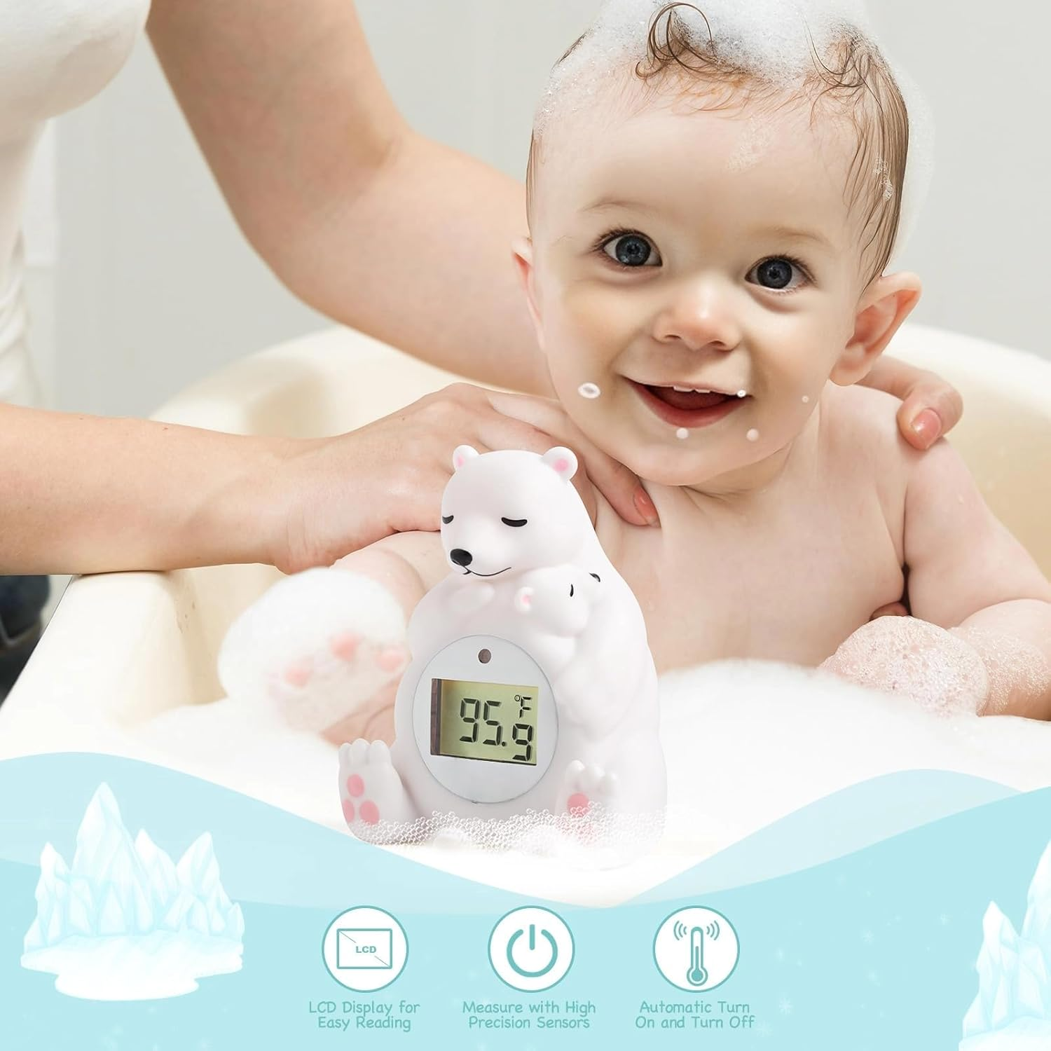 Baby Bath Thermometer - Floating, Auto Sleep Mode, Adjustable Alerts, Safety Certified - Cute Polar Bear image number 3