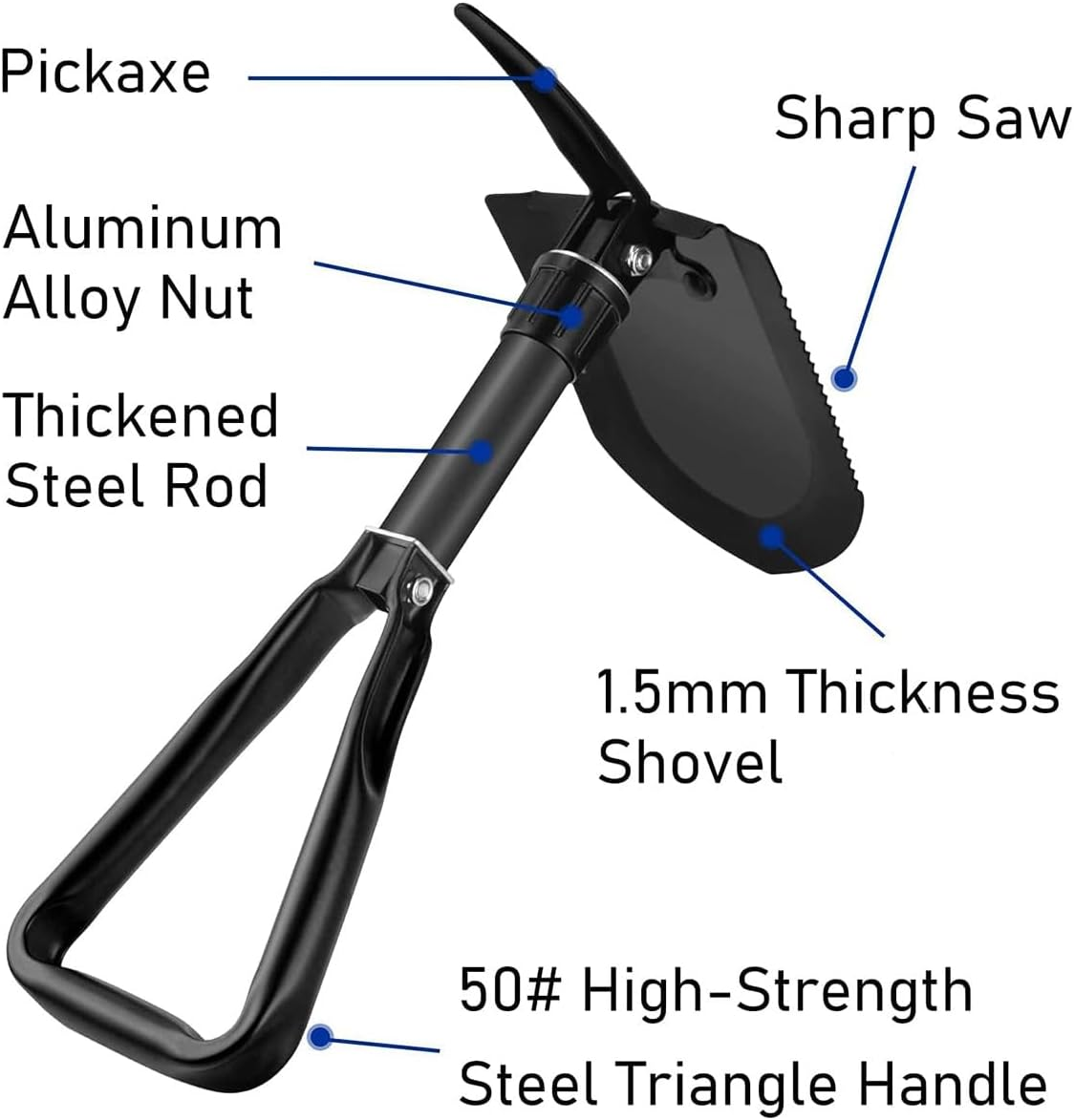 AIMALL Multifunctional Folding Engineer Shovel with Pickaxe & Saw, 18.5In Carbon Steel Outdoor Survival Tool for Camping, Fishing, Gardening, Car Emergency Rescue Use image number 4
