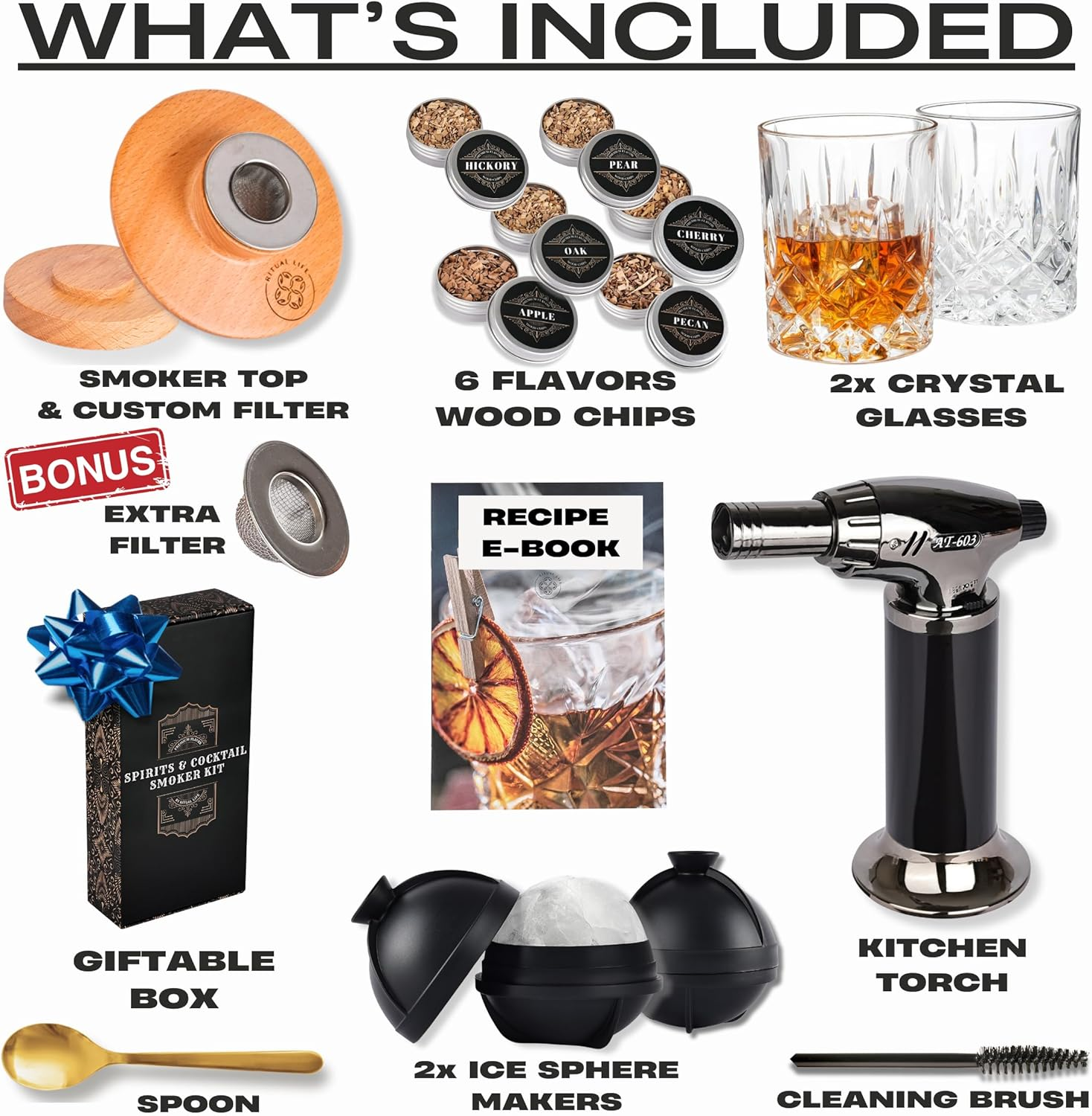 Whiskey Smoker Kit - Cocktail Smoker Kit with Torch, 2 Whiskey Glasses, 2 Ice Ball Makers, 6 Flavors Wood Chips - Old Fashioned Smokers - Bourbon Drink Smoking Set - Whiskey Accessories Gifts for Men image number 3