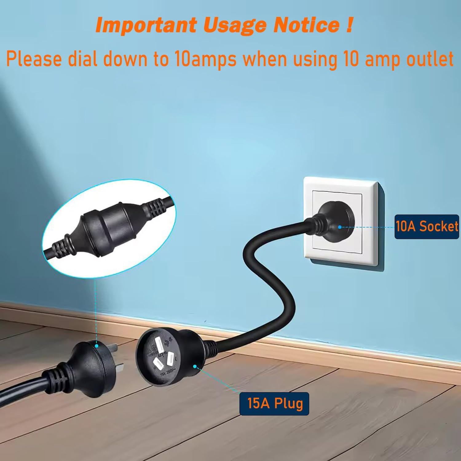 10A Plug to 15A Power Adapter Cord, SAA Approve Heavy Duty 20Cm Length, EV Charging Extension Cable, Portable for Electric Vehicles, RV, Camper, Caravan, Van, Trailer (Black) image number 2