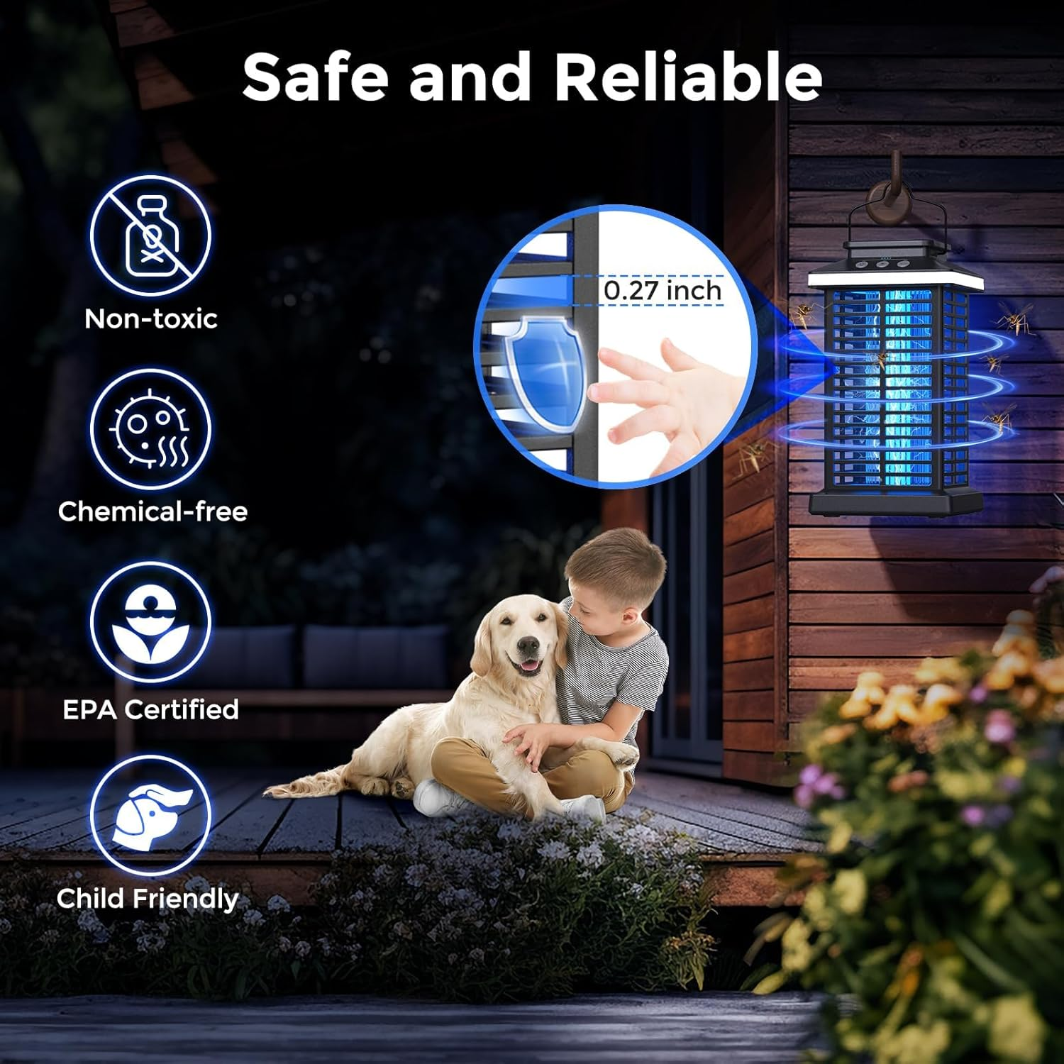 Bug Zapper Outdoor, Mosquito Zapper 2 in 1 Portable & Rechargeable Bug Zapper Outdoor with 5000Mah Battery & LED Night Light, 4000V Electric Fly Zapper for Outside,Patio,Backyard,Garden,Dark Black - Black image number 3