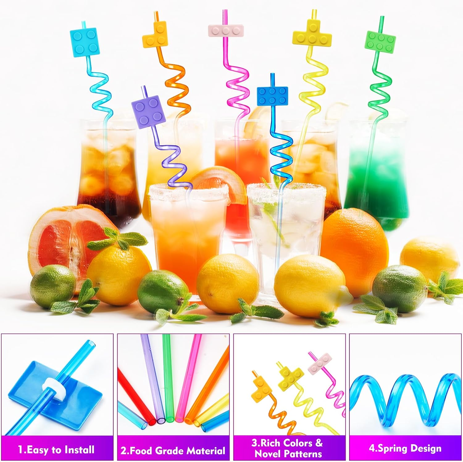 24 Pcs Building Blocks Party Favors Drinking Straws, 8 Colors Reusable Straws for Kids Adults Birthday Party Decoration Supplies with 2 Pcs Straws Cleaning Brush image number 2