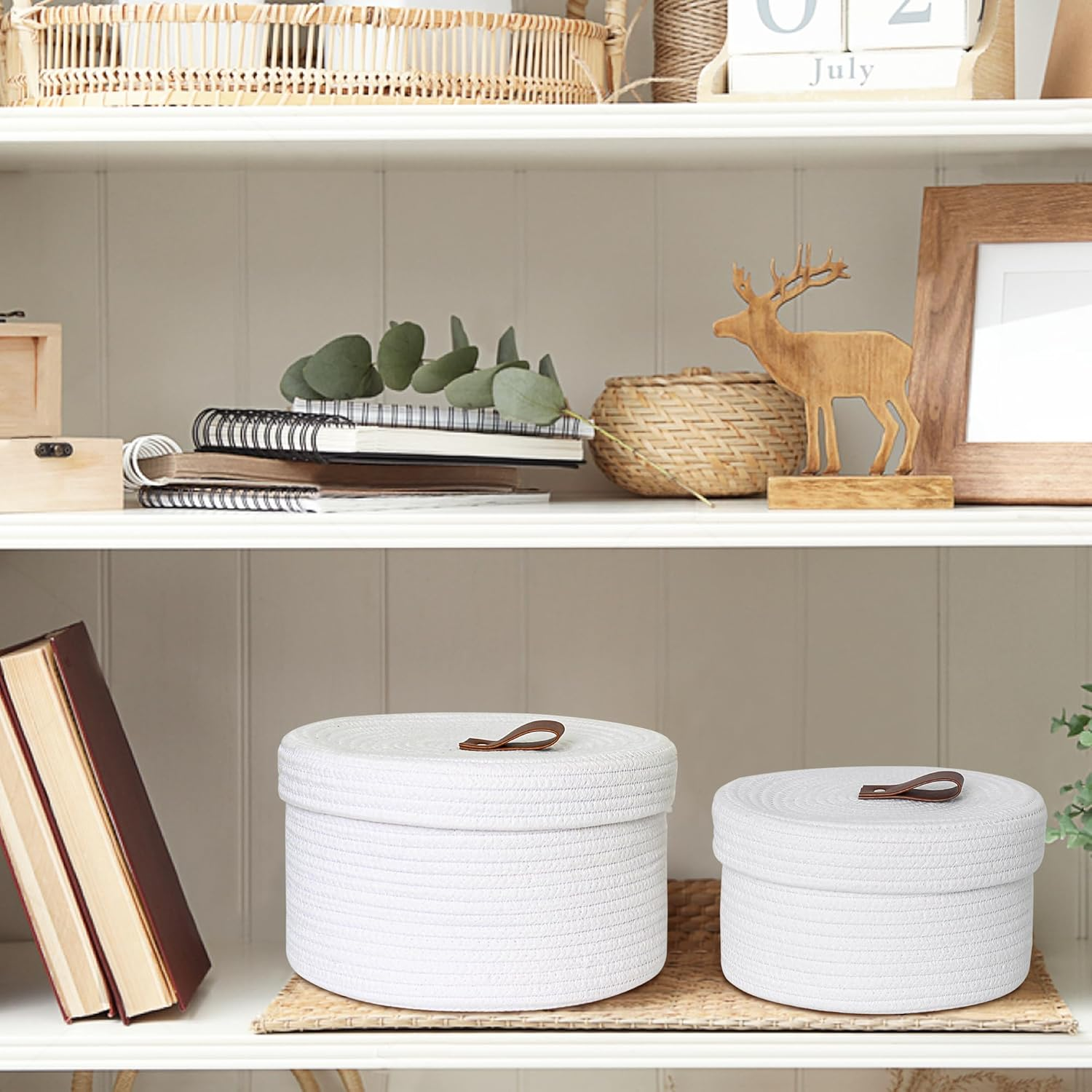 HONCESTA Small Basket with Lid, Set of 2 Cotton Rope Storage Basket with Lid, Decorative Woven Storage Bin with Cover, Lidded round Baskets for Organizing, Cute Toy Box, Shelf Basket for Decor, White image number 4