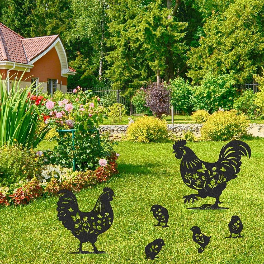 Black Metal Rooster Garden Statues &ndash; 6PCS Chicken Yard Art, Durable Outdoor Decor for Lawn, Patio, and Farmhouse. Lifelike Hen and Rooster Silhouette Stakes image number 5