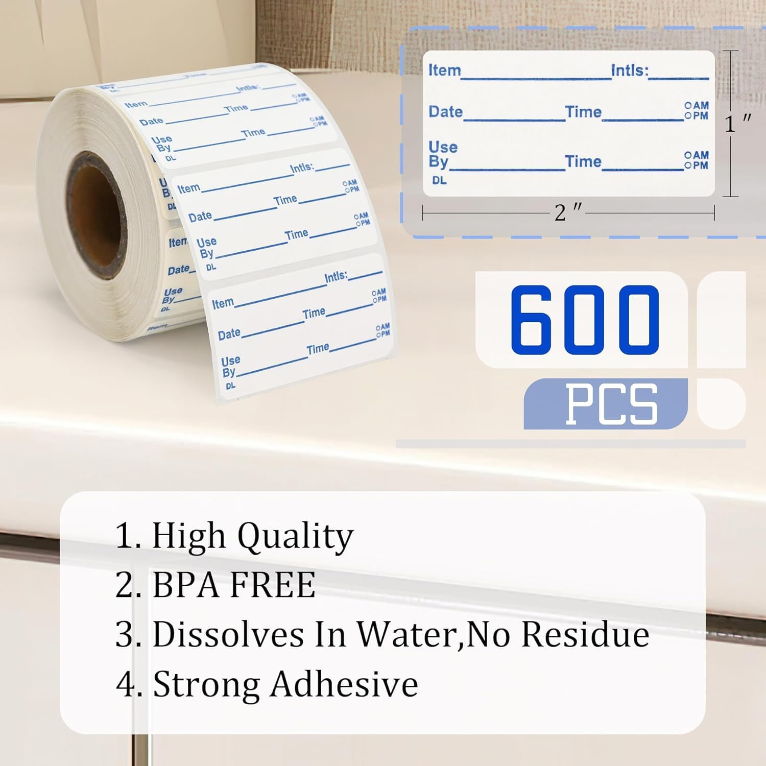L LIKED 2X1 Dissolvable Labels, 600 Stickers, Use by Food Rotation Labels for Storage and Container (600, Blue) image number 3