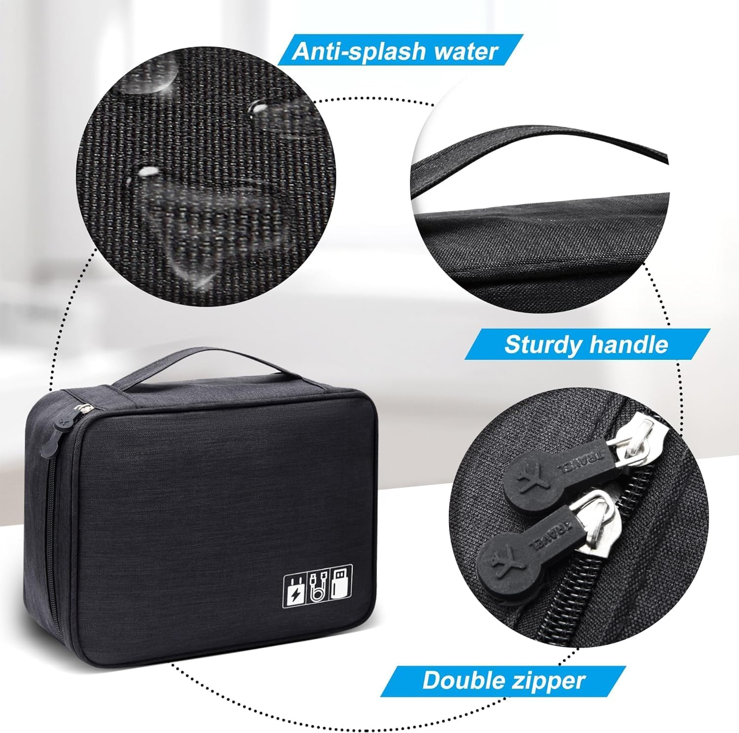 Electronic Organizer Travel Case, Small Travel Cord Organizer Case Portable Waterproof Cable Organizer Bag for Charger, Cord, USB, Power Bank, Earphone image number 2