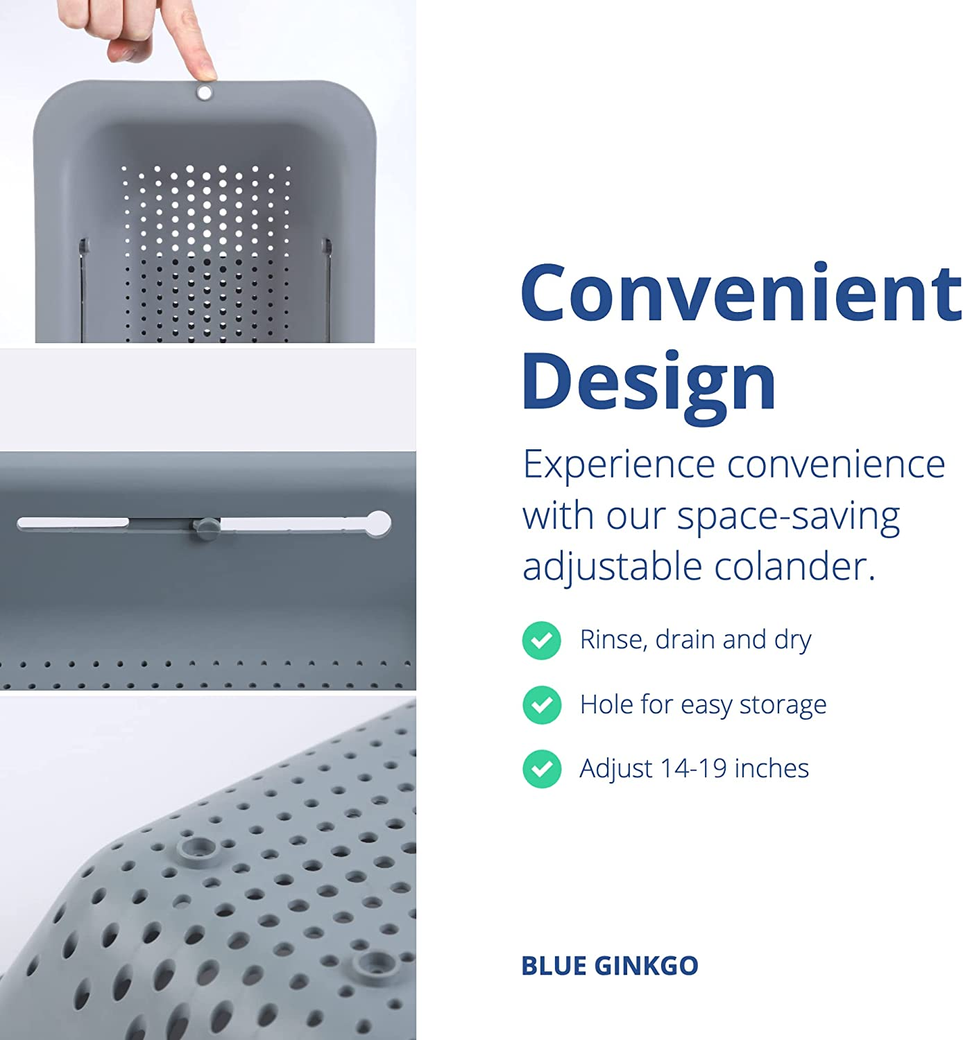 Blue Ginkgo over the Sink Colander Strainer Basket - Wash Vegetables and Fruits, Drain Cooked Pasta and Dry Dishes - Extendable - New Home Kitchen Essentials (7.9W X 14-19L X 2.75H) - Gray - Black image number 7