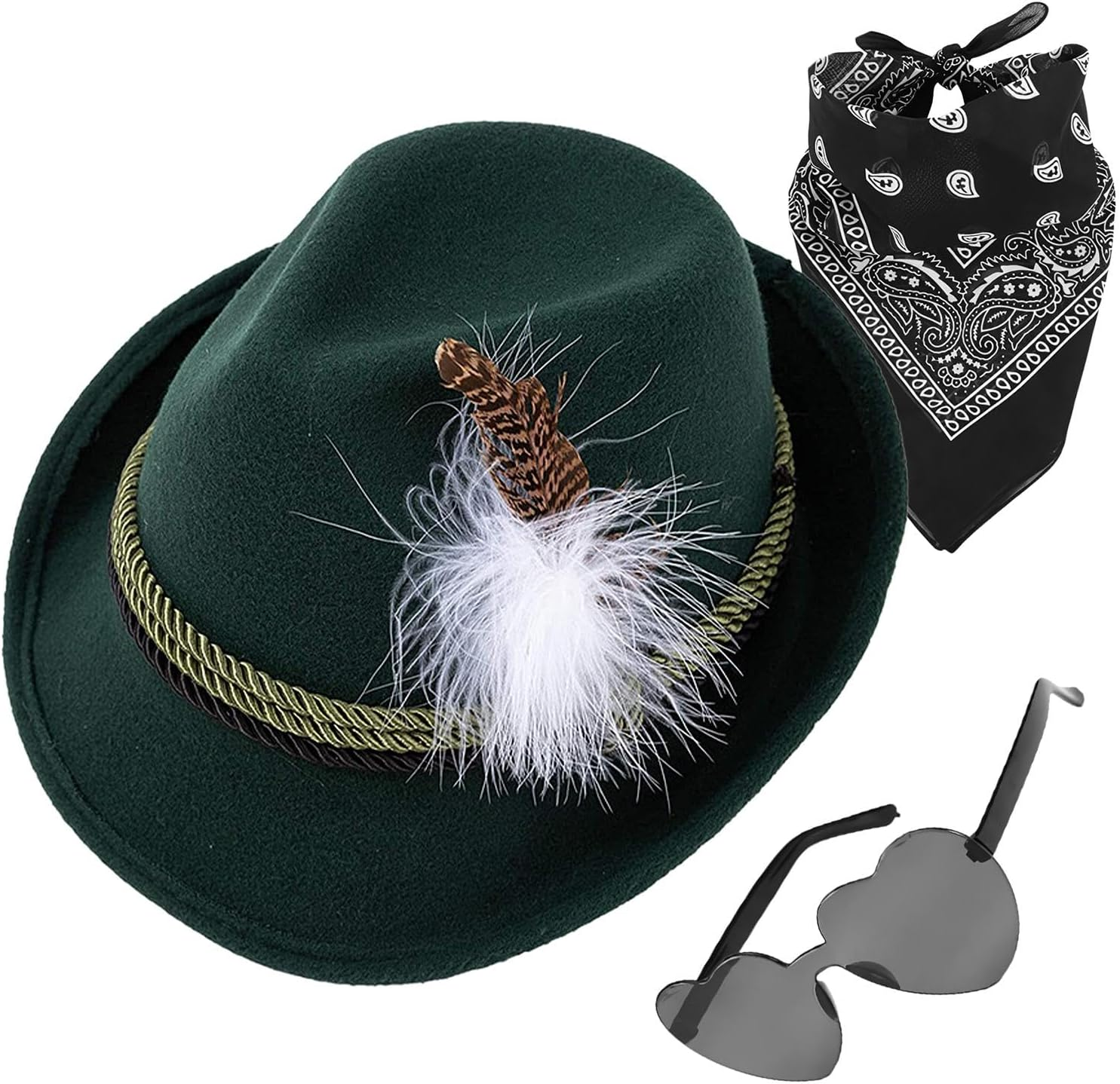 German Alpine Hats - 1Set Faux Leather Fedora Oktoberfest Hat with Headscarf, Eyeglasses,Oktoberfest Costume Accessories Adult German Alpine Bavarian Hat for Adults image number 3