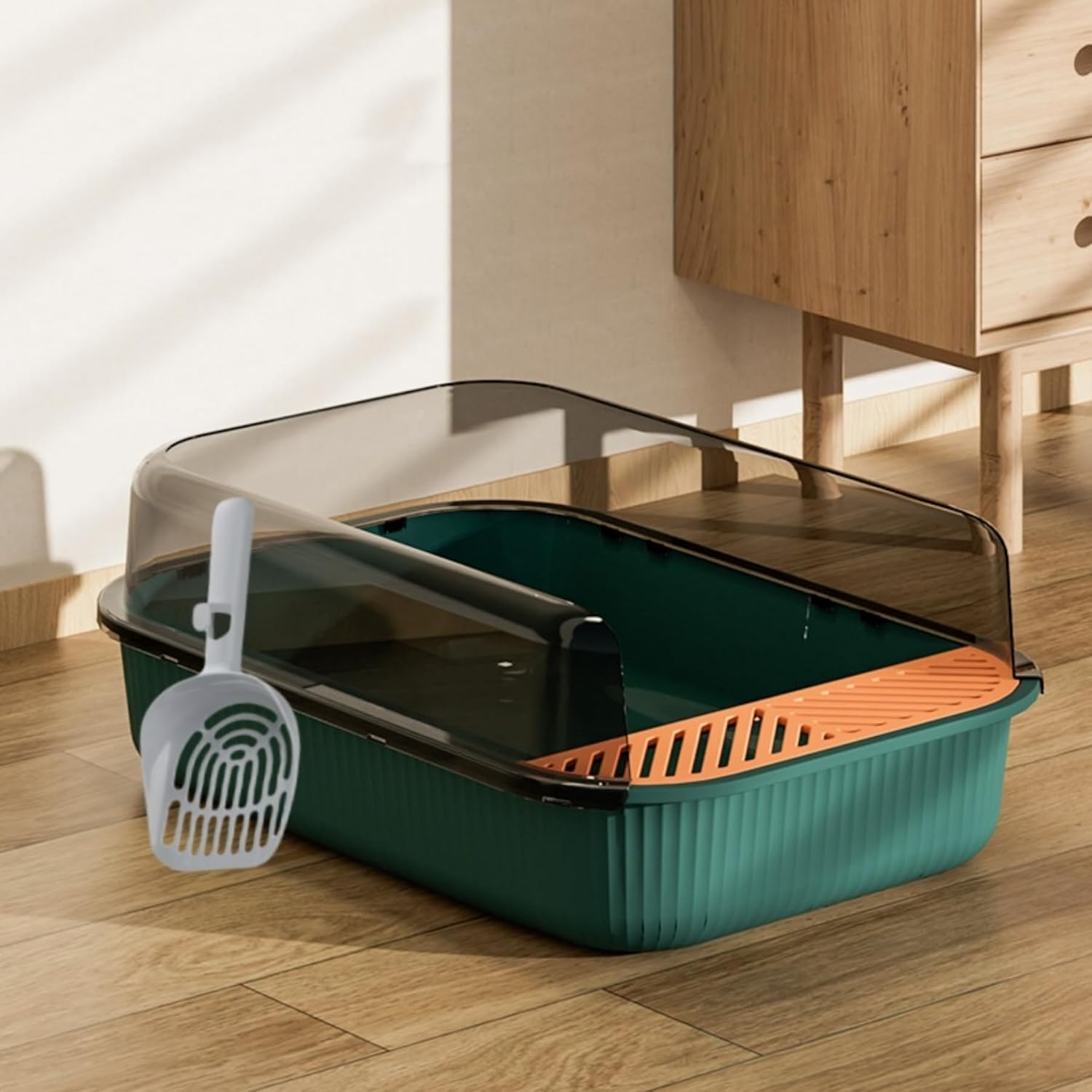 Open Top Cat Litter Box, Anti-Splashing Large Cat Litter Pan, Semi-Closed Removable Cat Cleaning Basin Kitten Toilet with Litter Sifting Scoop and Sides for Small & Medium Size Pets (Vintage Green) image number 3