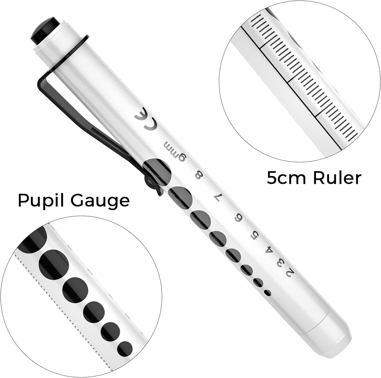 RISEMART Pen Lights for Nurses, 2 Pack Reusable Medical Light with Pupil Gauge and Ruler, White Light LED Penlight for Student Doctors EMT (Black/White) image number 4