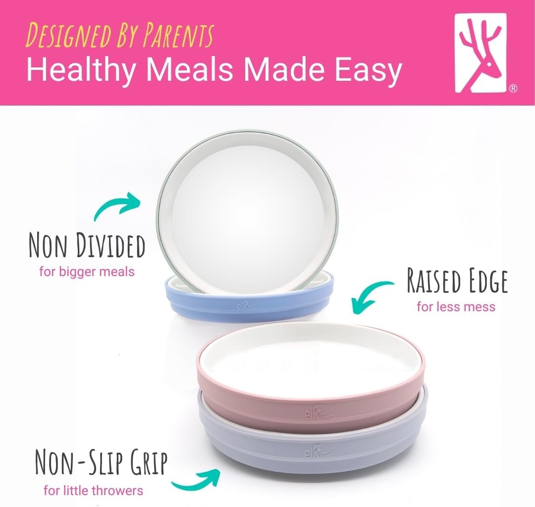 Elk and Friends Kids 7.8&rdquo; Porcelain White Plates with Silicone Sleeves | Suitable for Babies/Toddlers | Microwave & Dishwasher Safe | Non Slip Dinnerware | Snack Dishes | 2 Pack image number 1