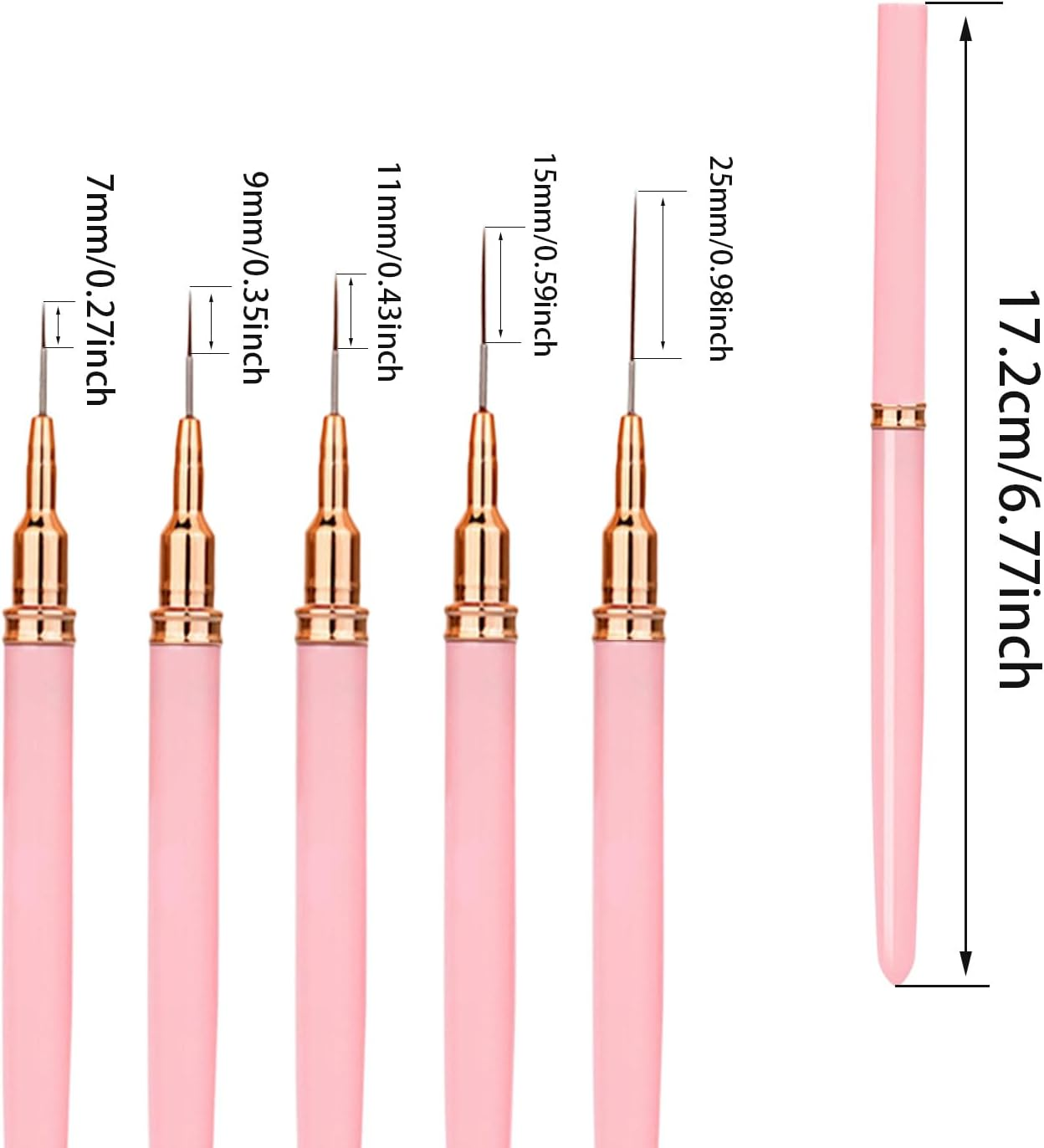 Pack of 5 Nail Brush, Nail Brush, Eyeliner Brush, Nail Art Brush Set, Liner Brush Set, Nail Brush Painting Pen with Fine Nylon Bristles in Sizes 7 Mm, 9 Mm, 11 Mm, 15 Mm and 25 Mm (Pink)