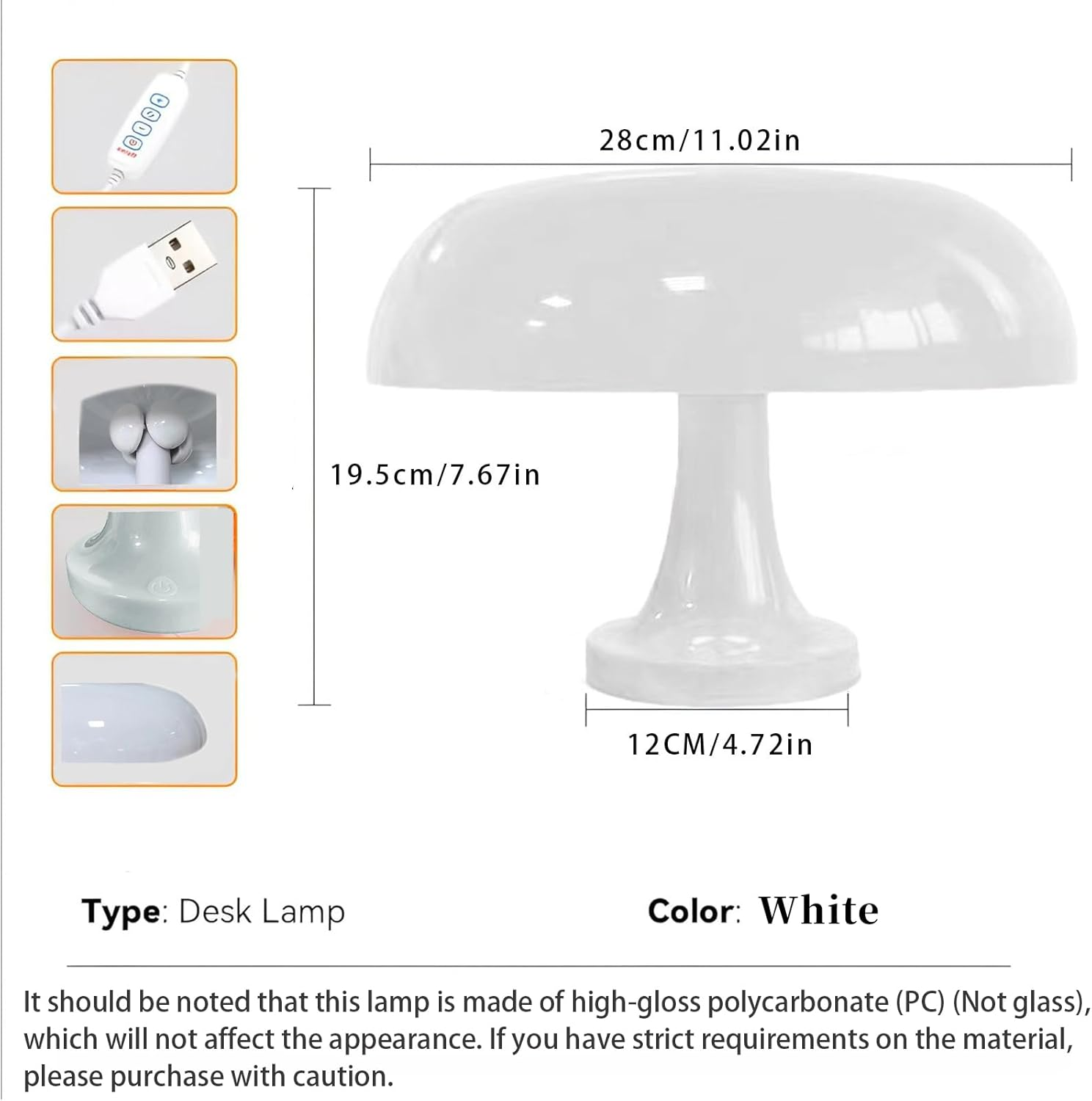 White Mushroom Lamp, Vintage Table Lamp with 3 Colors and 10 Brightness Levels, USB Powered Retro Bedside Lamp for Bedroom, Night Light, Hall, Home Decoration (White)