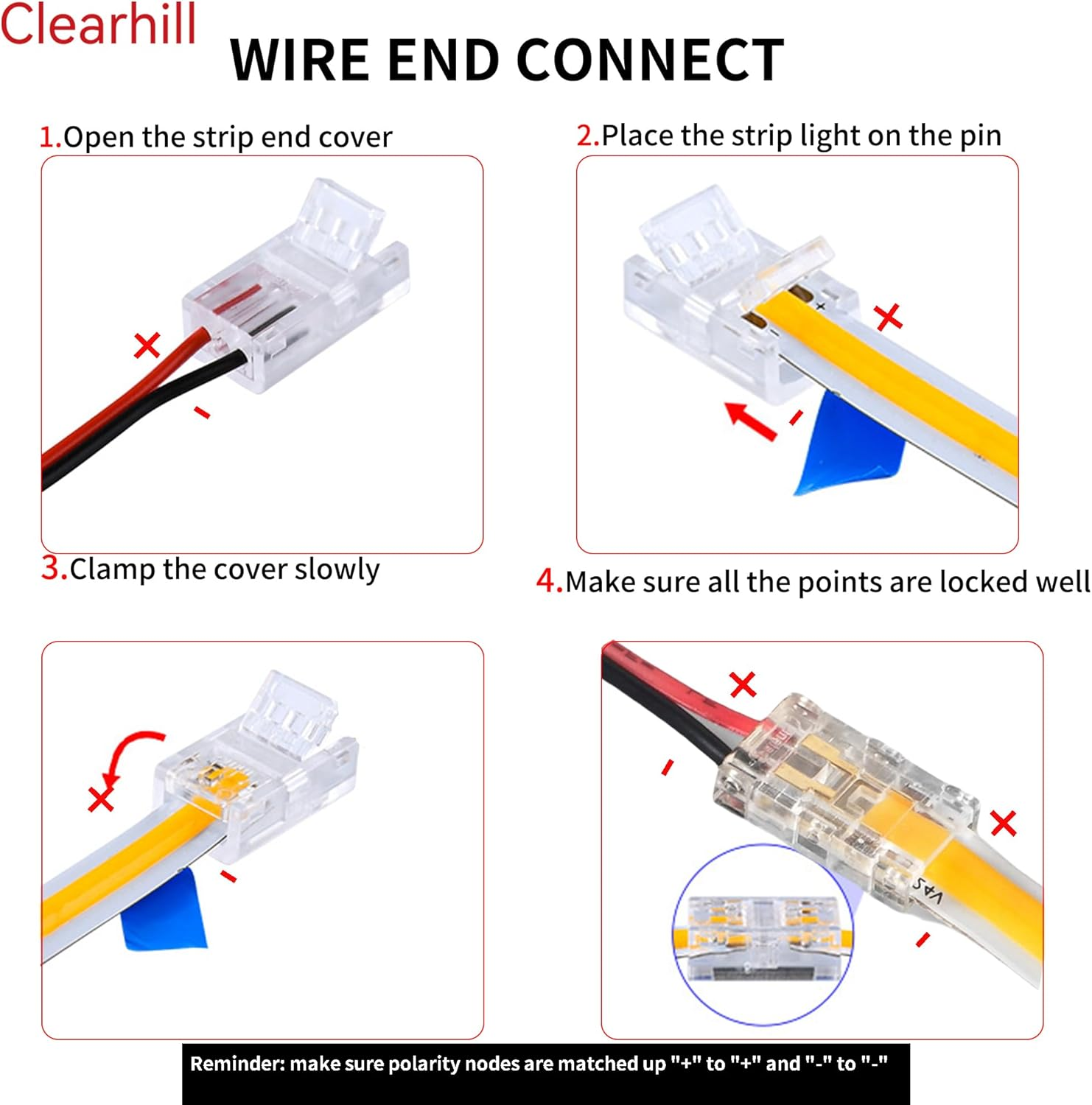 Clearhill 10Mm 2Pin 20Packs COB LED Strip Connectors,Solderless Strip to Wire Connectors + 10Cm Cable-Gapless Connection for 10Mm Single Color COB LED Strips