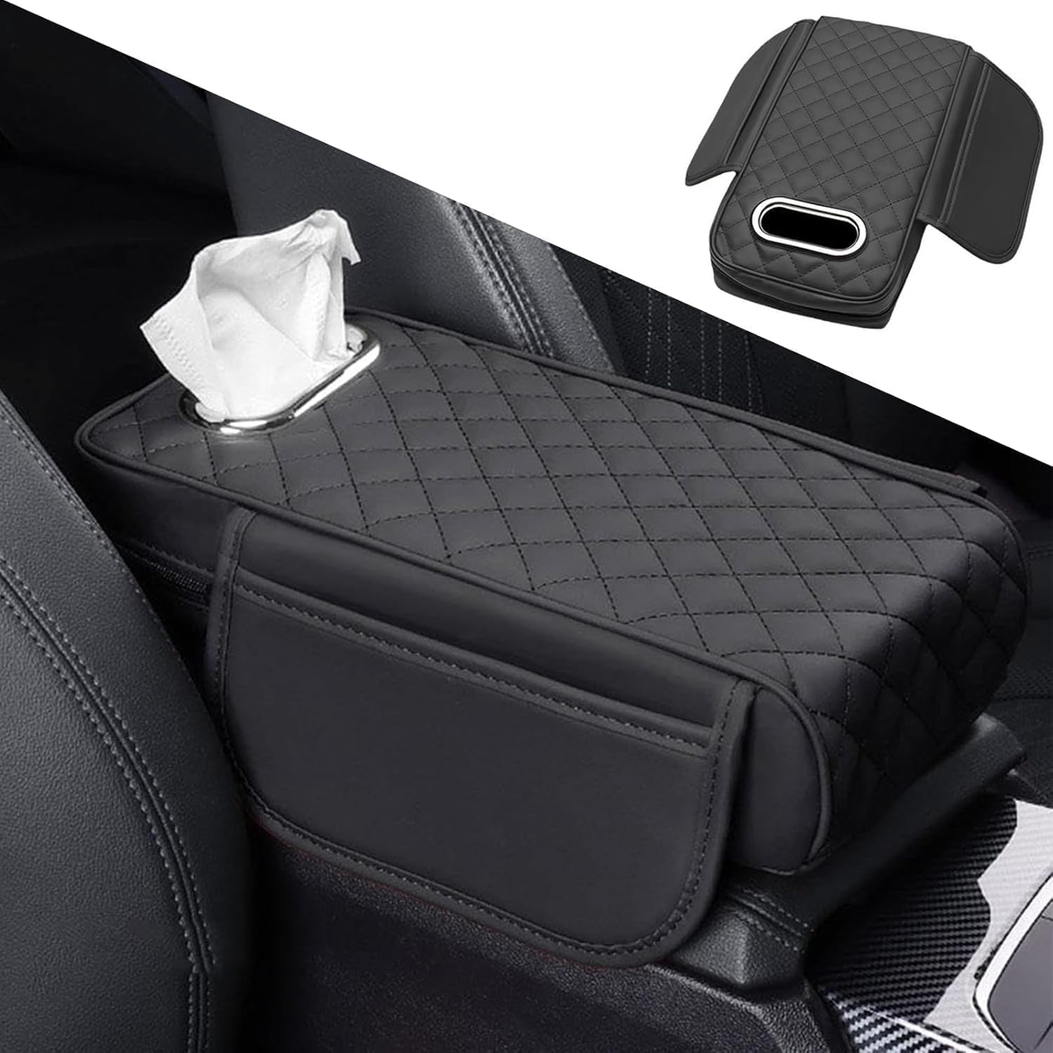 Car Console Armrest Pad with Tissue Box,Car Center Console Cushion with Pocket and Tissue Box,Universal Waterproof Leather Auto Armrest Seat Box Protector,Car Armrest Cover for SUV, Truck (Khaki)