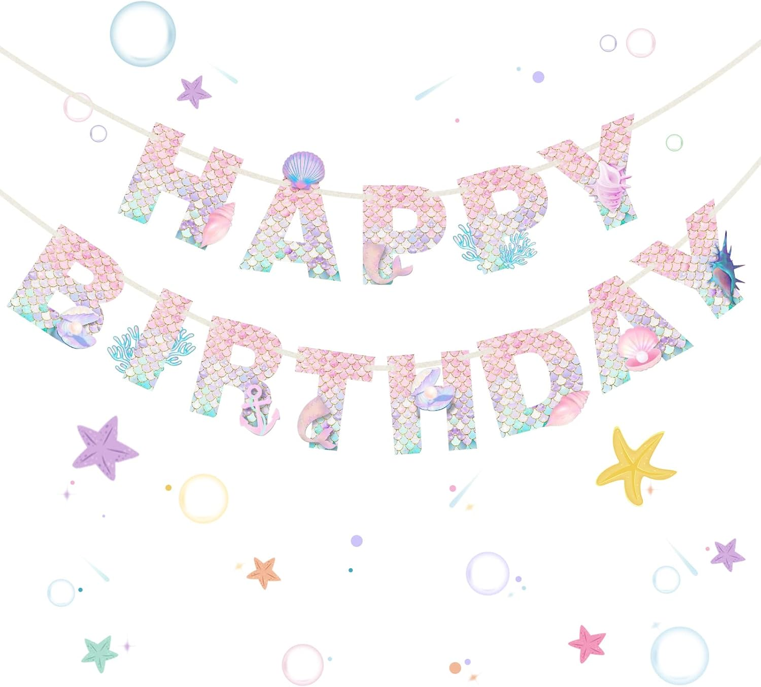 Mermaid Happy Birthday Banner, Birthday Party Decorations for Girls, Mermaid Theme Birthday Party Supplies for Home Table Outdoor (YLPDTZ-001) image number 2