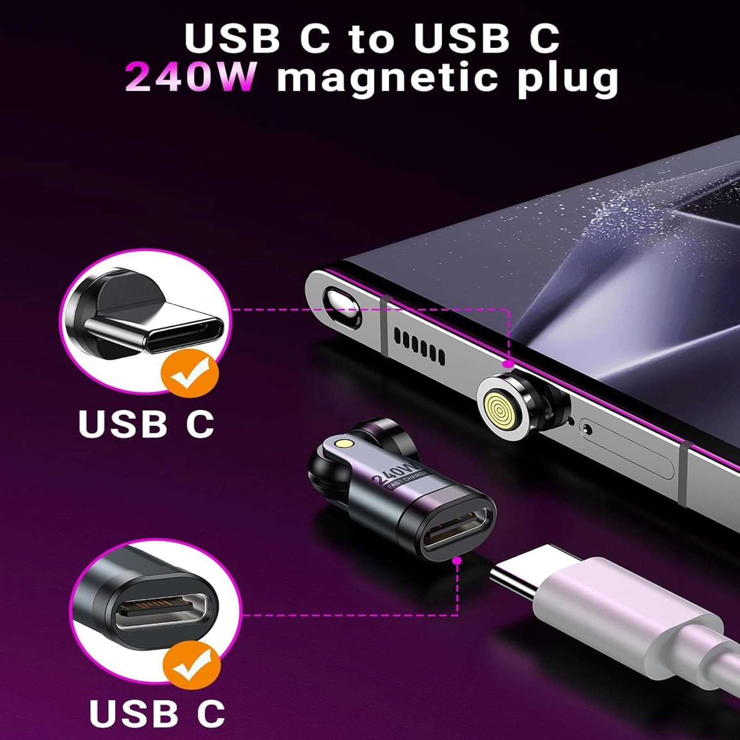 USB C Magnetic Adapter PD 240W(2Pack), 9PIN USB C 90 Degree Adapter/C Right Angle Adapters/360 &180 Degree C to C Adapters for 1Phone 16/15, Ma-Book Pro/1Pad Series, Samsung Galaxy, Tablet, Laptop