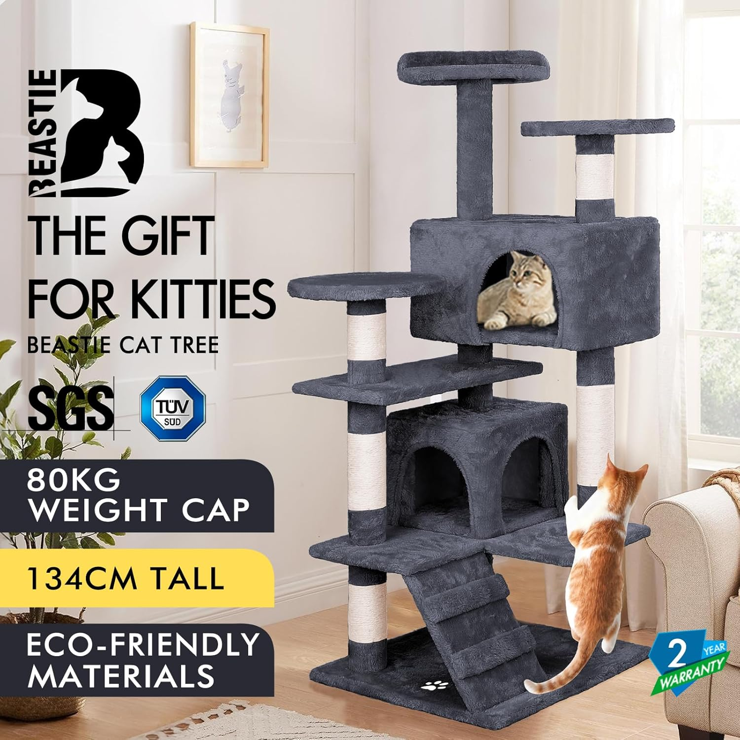 BEASTIE Cat Tree 132Cm Tall, Scratching Post Scratcher Tower Condo House Furniture Wood in Grey Colour image number 6