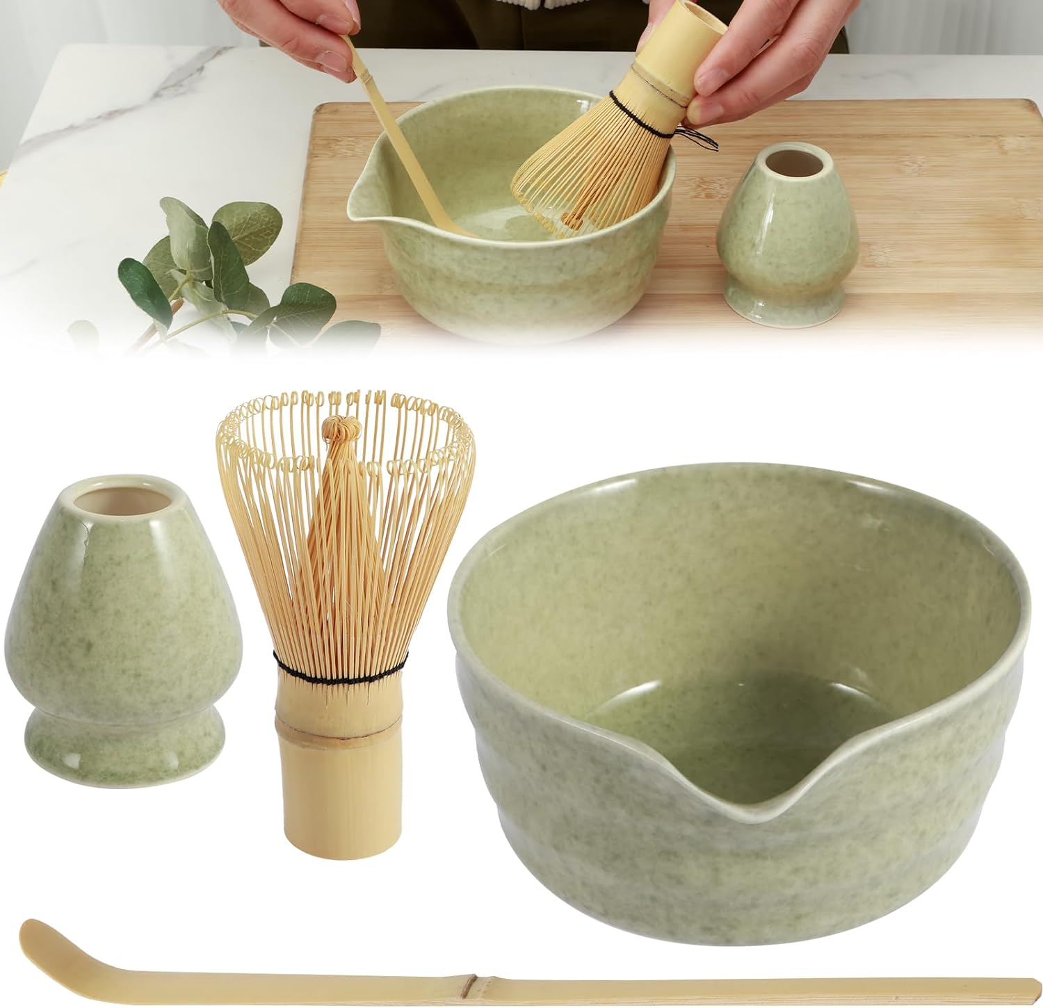 4PCS Matcha Whisk Set, Handcrafted Bamboo Tea Making Kit with Ceramic Bowl, Whisk Holder, and Scoop for Tea Lovers image number 3