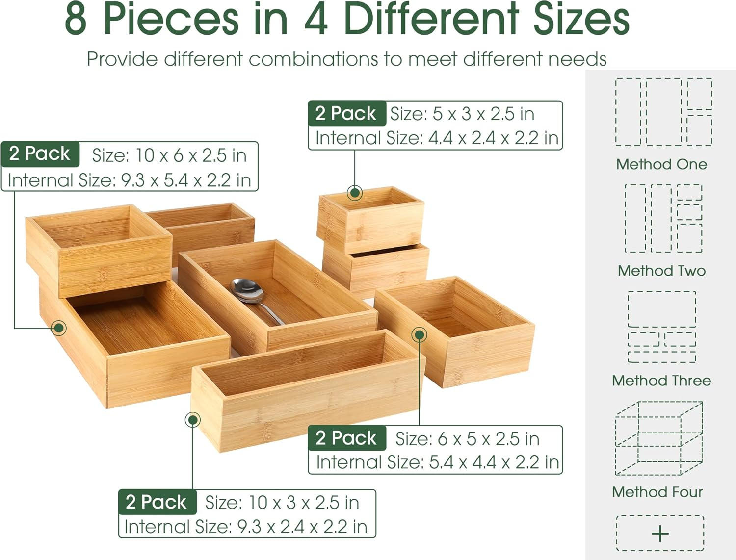 Kootek 8 Pcs Bamboo Drawer Organizer Utensil Tray Kitchen Storage Box 4-Size Versatile Dividers Cutlery Holders Bins Containers for Flatware Kitchen Utensils image number 5
