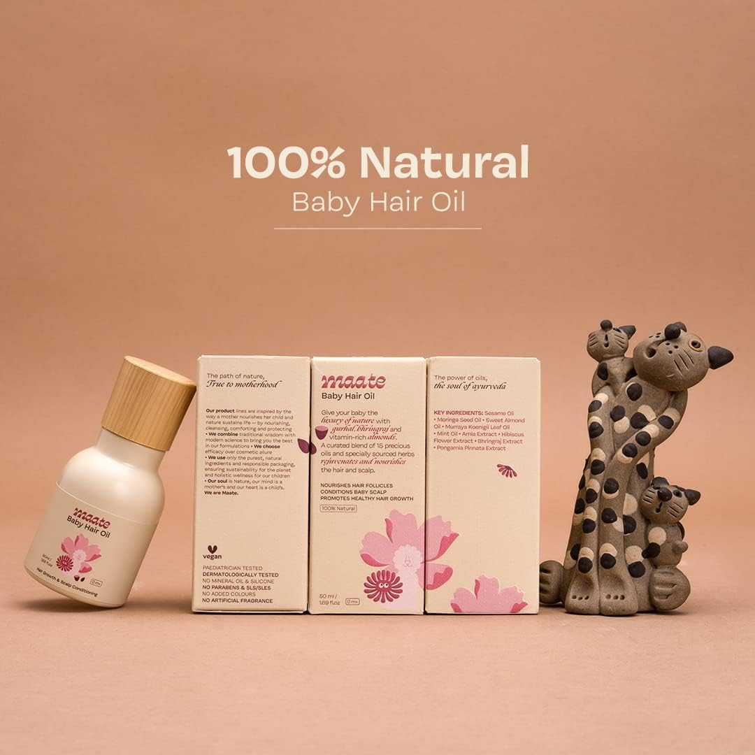 MAATE Baby Hair Oil | Protein Rich Oil for Baby Hair Growth | Hibiscus, Bhringraj & Vitamin Rich Almond Oil | No Mineral Oil | 100% Natural & Vegan- 50 Ml image number 4