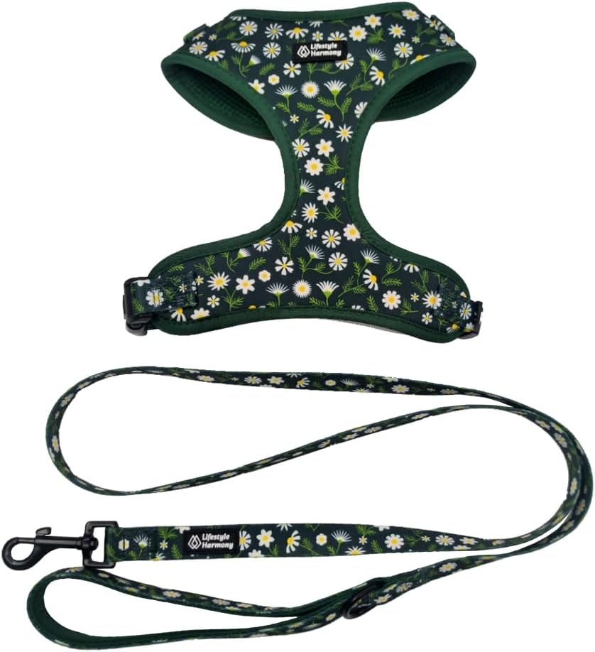 Adjustable Pet Harness and Leash Set&mdash;No-Pull, Lightweight, Breathable, Soft-Padded, Escape-Proof Comfortable for Puppies,Small Dogs,Cats,All Fur Animals. Leash for Easy Walks (Medium, Floral)