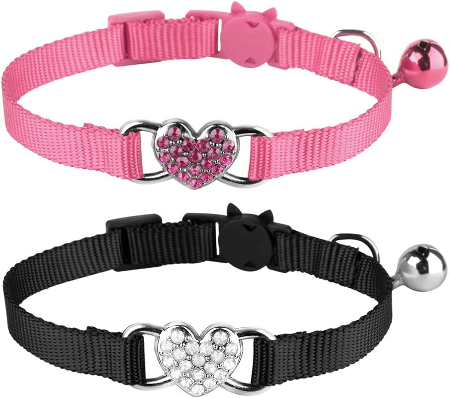 Mtliepte 2 Pcs Cat Collars Heart Bling Breakaway with Bell Nylon Adjustable for Kitty (Pink+Purple)