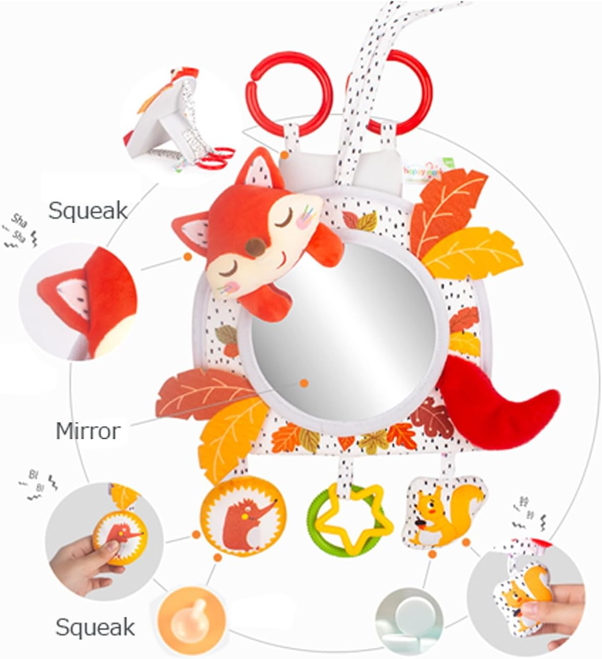Baby Activity Hanging Toy with In-Sight Car Mirror, Adjustable for Car Seats, Strollers, Cribs, and Tummy Time, with Rattles, Crinkle Sounds, and Animal Design (Fox) image number 6