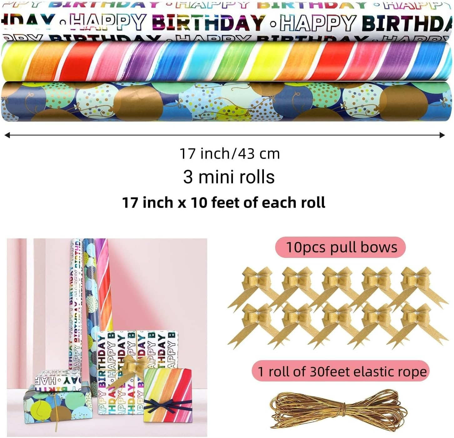 Oundarm 3 Mini Roll 43X300Cm Birthday Gift Wrapping Paper Set, 17" X 10 Ft Wrapping Paper Roll with 10 Pcs Pull Bows ＆ Elastic Rope, Gift DIY Wrapping Paper for Kids Birthday