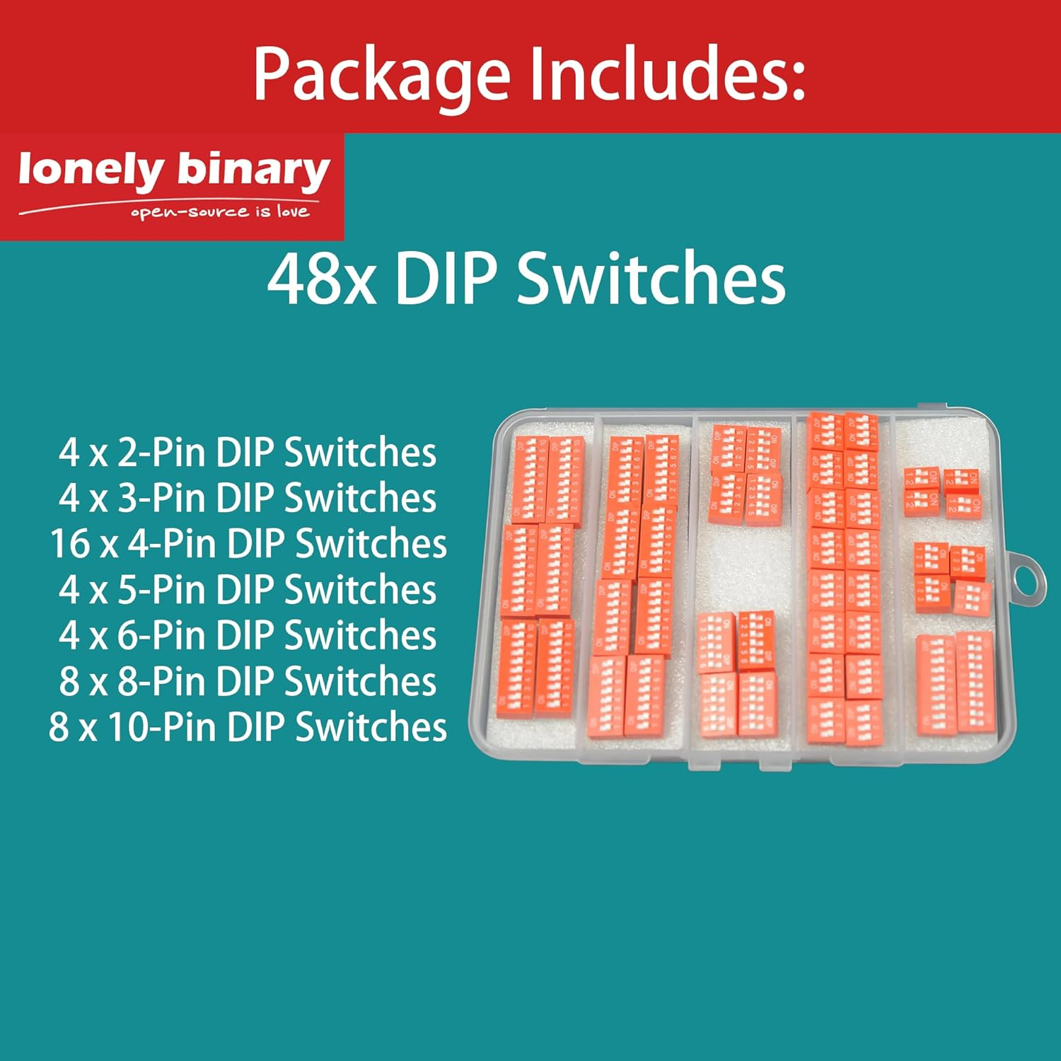 Lonely Binary 48-Pack DIP Switch Set &ndash; 2, 3, 4, 5, 6, 8, 10 Position DIP Switch Breadboard-Friendly Modules (48 Total Switches) for Arduino, Raspberry Pi Pico, ESP32 & DIY Electronics image number 4