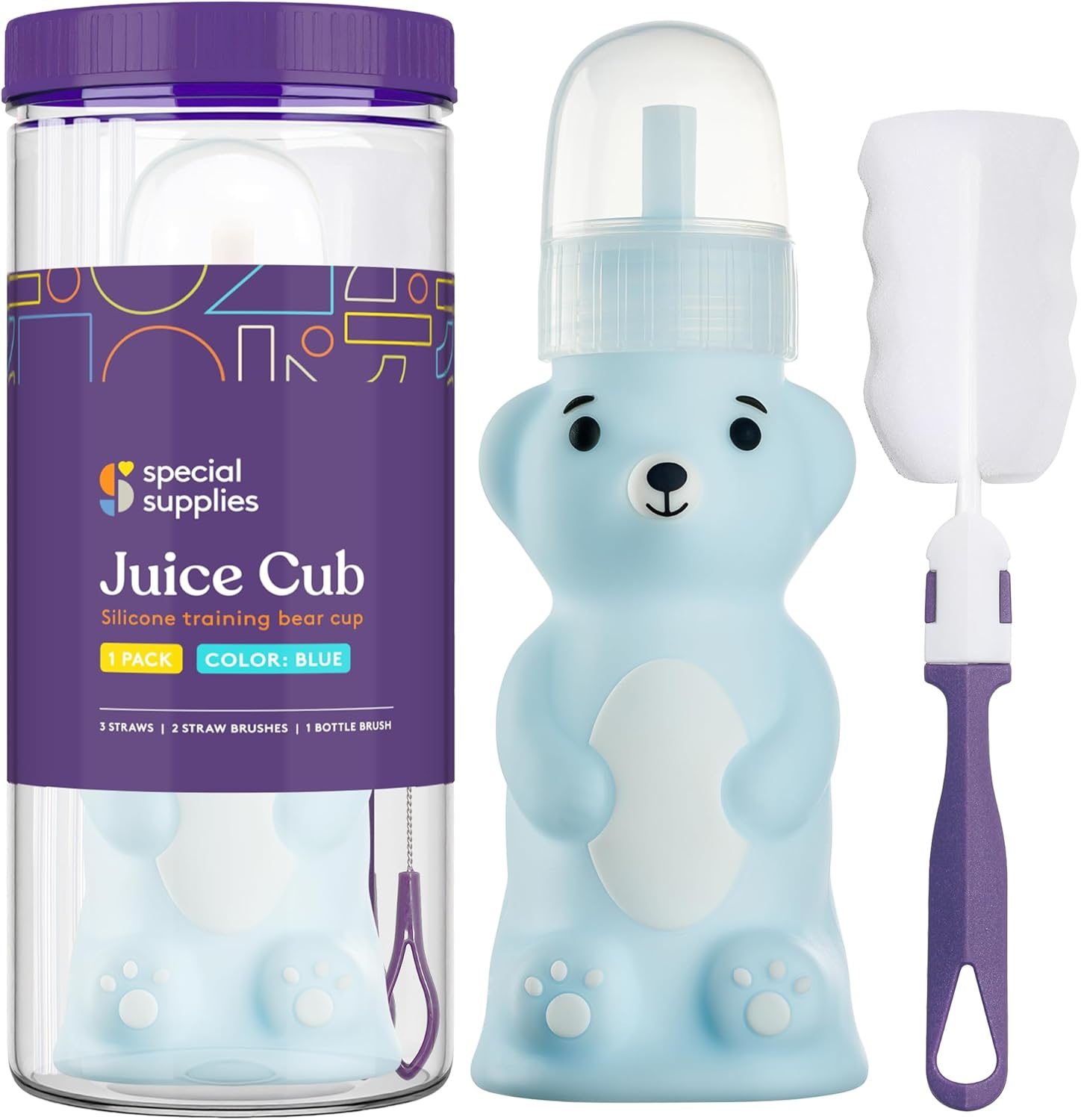 Special Supplies Honey Bear Straw Cup Long Straws, Squeezable Therapy and Special Needs Assistive Drink Container, Spill Proof and Leak Resistant Lid (Pack of 1 Bottle and 3 Straws)