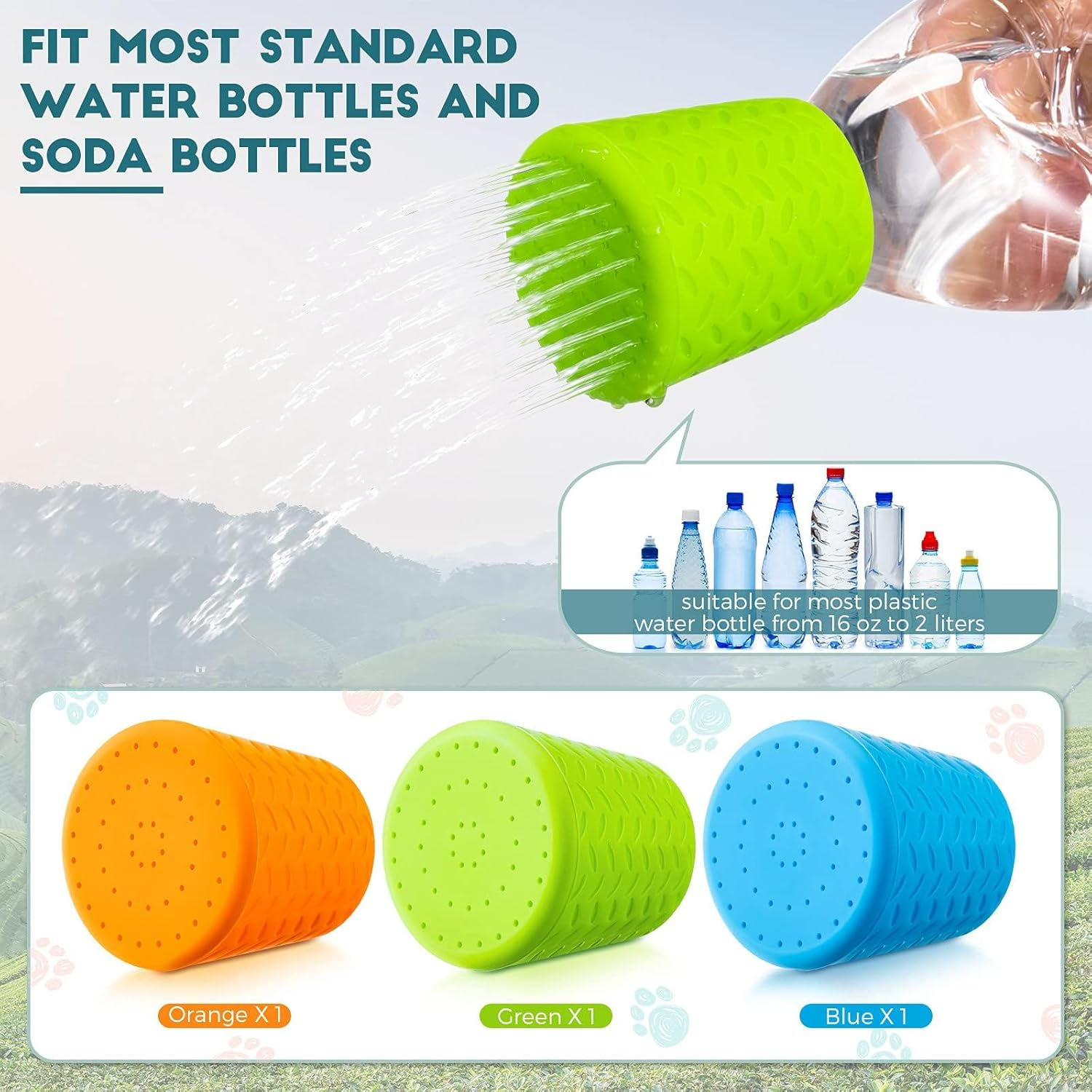 Cozioz 3-Piece Portable Outdoor Dog Shower Kit, Bottle Attachment Water Sprayer Accessory &ndash; Compatible with Most 16Oz to 2L Plastic Bottles (Sky Blue, Light Green, Orange) image number 3
