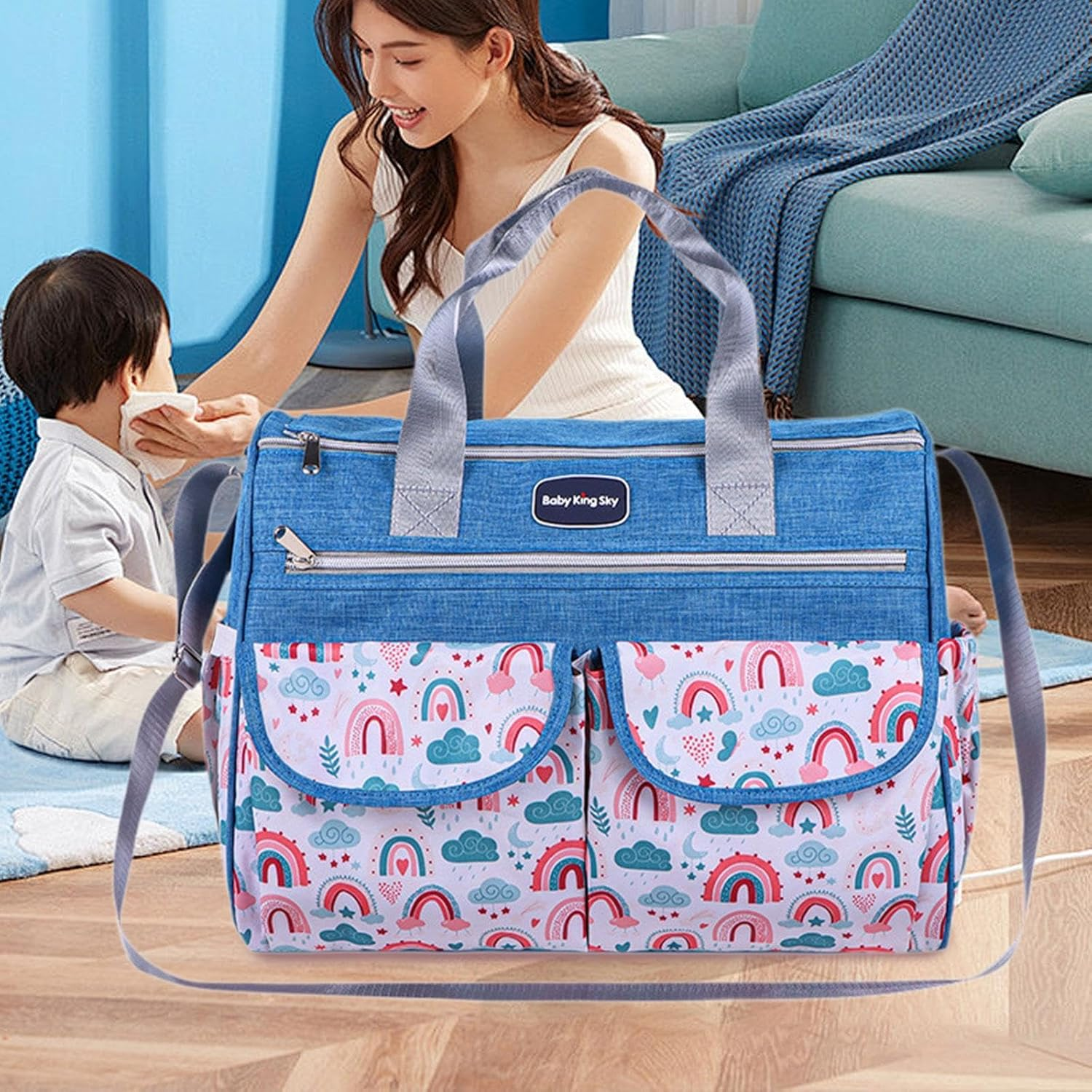 Harayaa Diaper Bag Tote Mommy Travel Bag Waterproof Storage Multi Outer Pockets Multifunctional Large Capacity Portable for Mom - Blue L image number 4