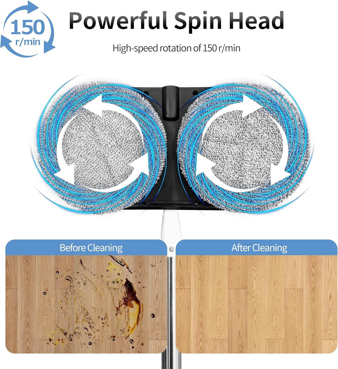 Alfabot WS-24 Cordless Electric Mop, Electric Spin Mop for Floor Cleaning, with Lightweight & Rechargeable Floor Cleaner with Water Sprayer and LED Headlight for Hardwood and Tile Floors, White image number 3