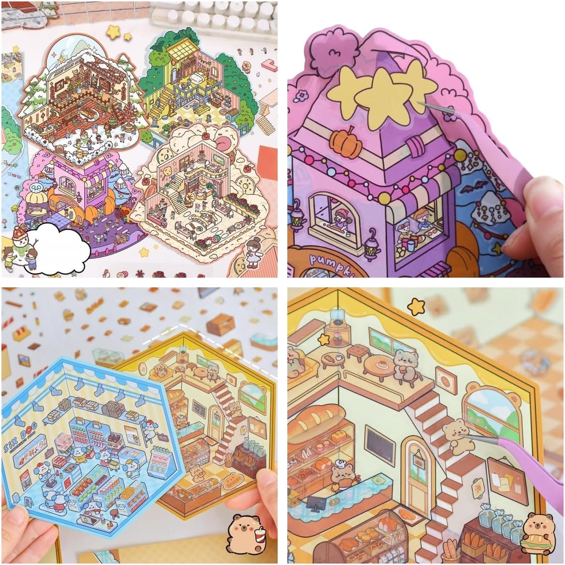 20 Sets DIY 3D Stickers Scene,Fun DIY House Stickers for Adults and Kids to Relieve Stress Pass the Time Bear Bakery,Restaurant,Convenience Store,Amusement Park,Teahouse image number 3