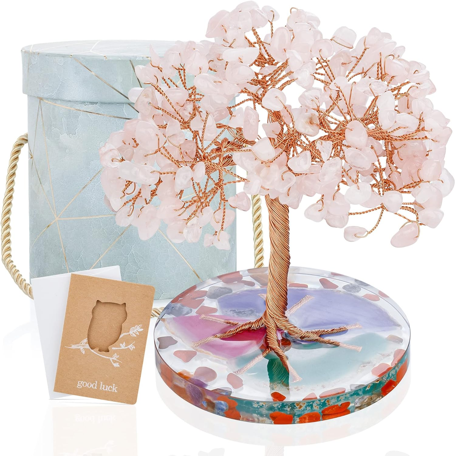 Zenbless 7 Chakra Healing Crystals Stones Tree, Colorful Crystal Stone Leaf Wire Wrapped on Natural Agate Slice Base, Home Office Desk Living Room Feng Shui Decoration for Wealth and Luck