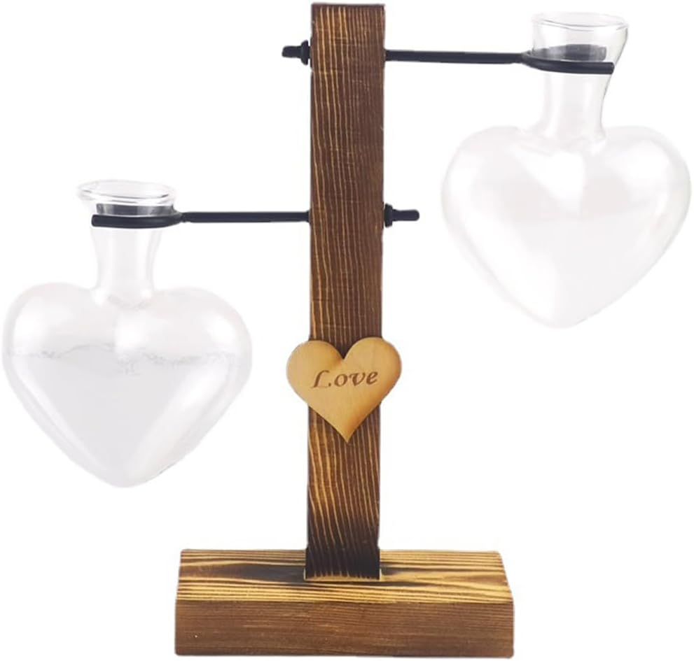 Plant Terrarium with Wooden Stand, Creative Double Heart Glass Hydroponic Vases, Modern Plant Propagation Station Desktop Planter Bulb Vase for Home Garden Office Decoration image number 5