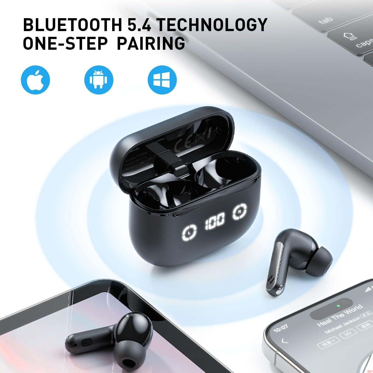 Havit Active Noise Cancelling Wireless Earbuds, Bluetooth 5.4 in Ear Headphones, 3D Bass Stereo Wireless Earphones with 4 ENC Noise Cancelling Mic, 40H Bluetooth Earbuds with LED Display image number 6
